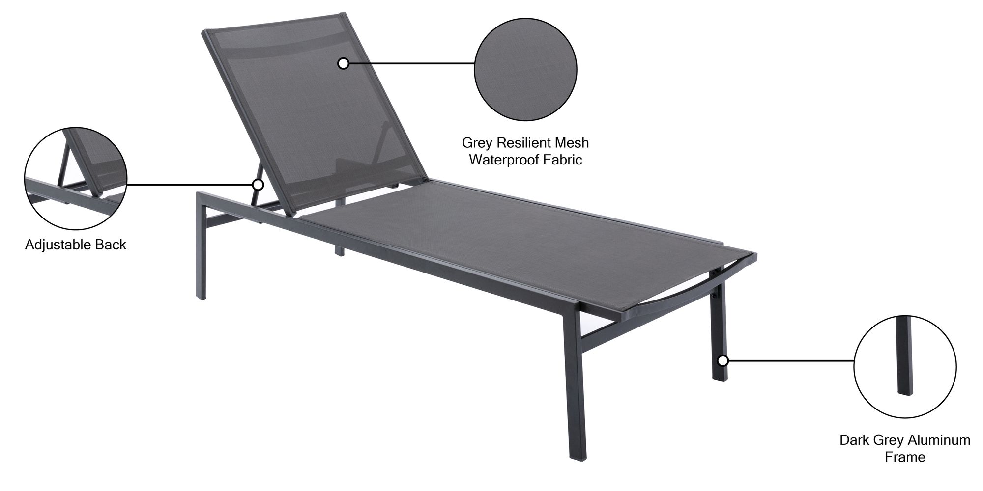 Santorini Outdoor Patio Mesh Waterproof Fabric Chaise Lounge Chair with Dark Grey Aluminum Frame