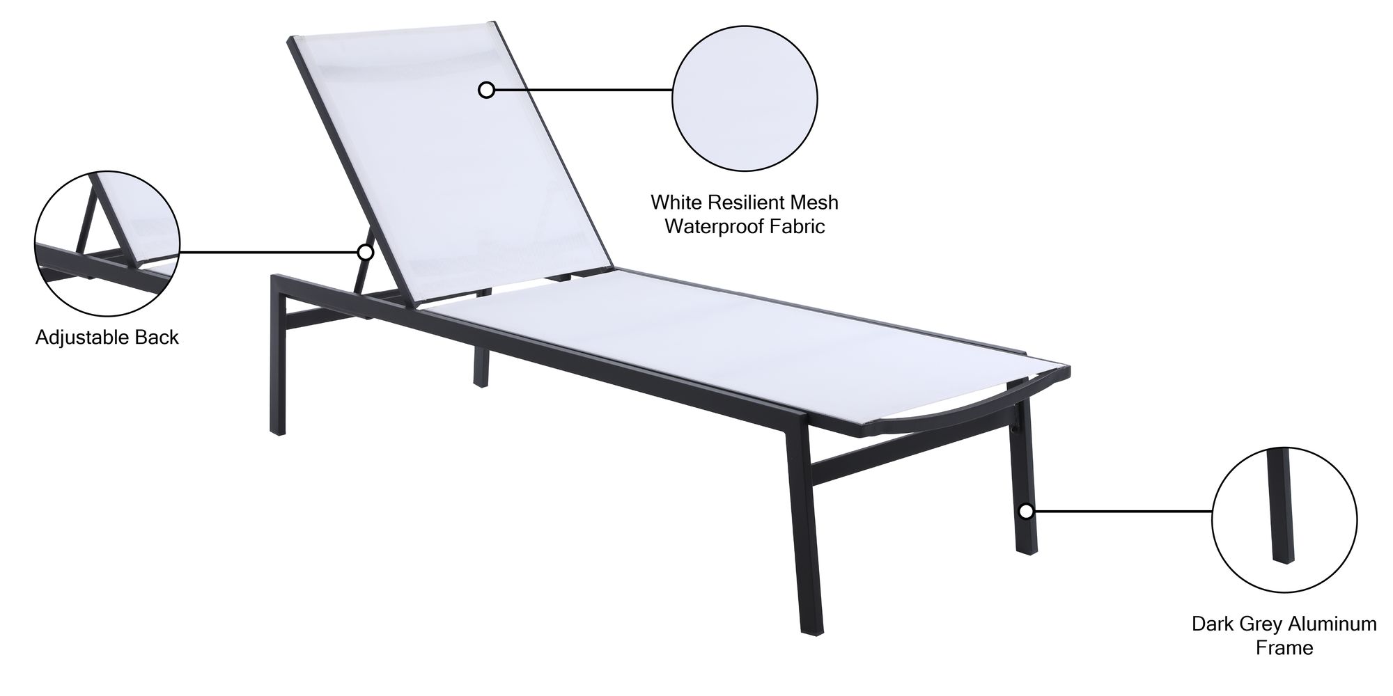 Santorini Outdoor Patio Mesh Waterproof Fabric Chaise Lounge Chair with Dark Grey Aluminum Frame