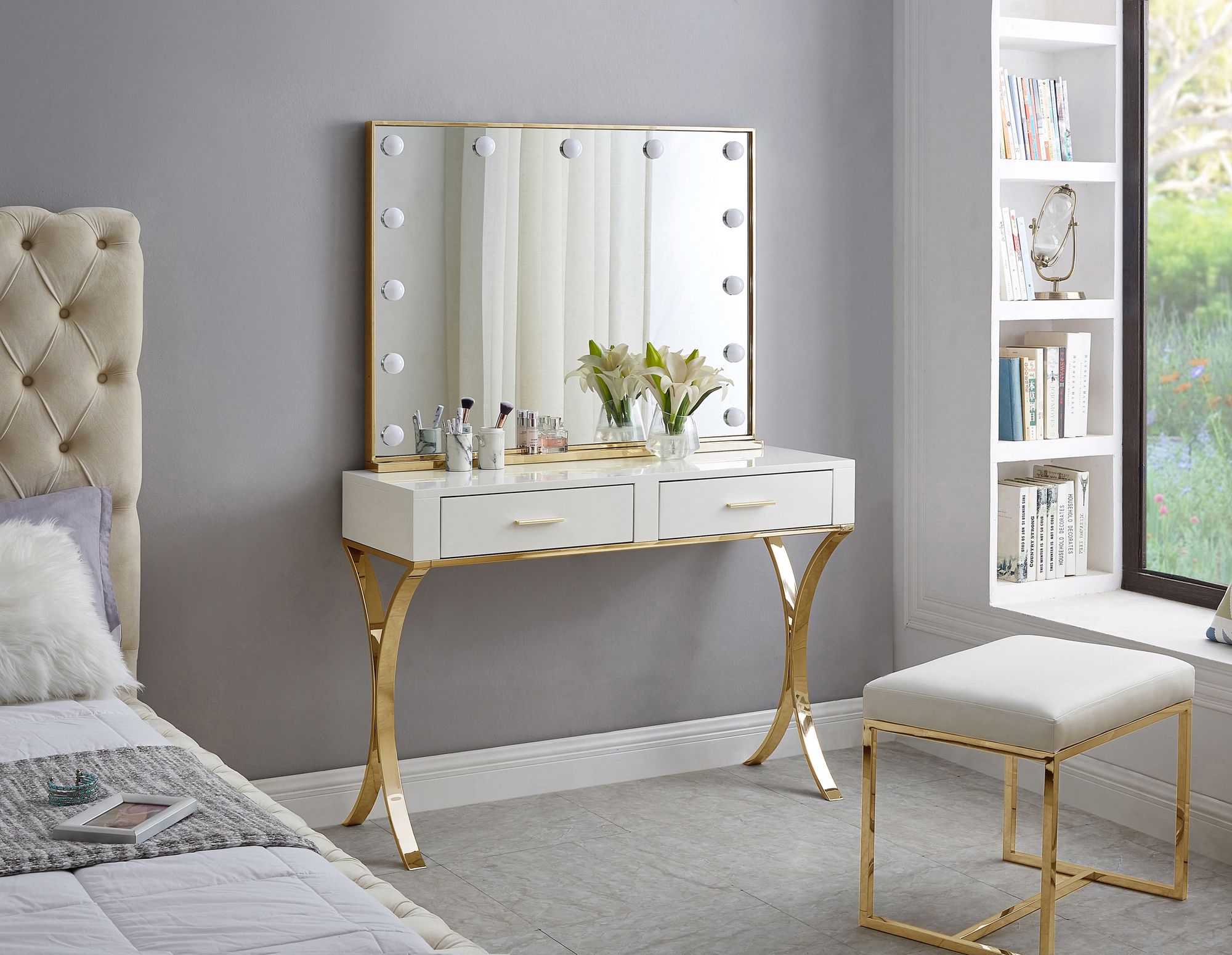 Monroe 2-Drawer Vanity Table with Gold Stainless Steel Legs & Handles
