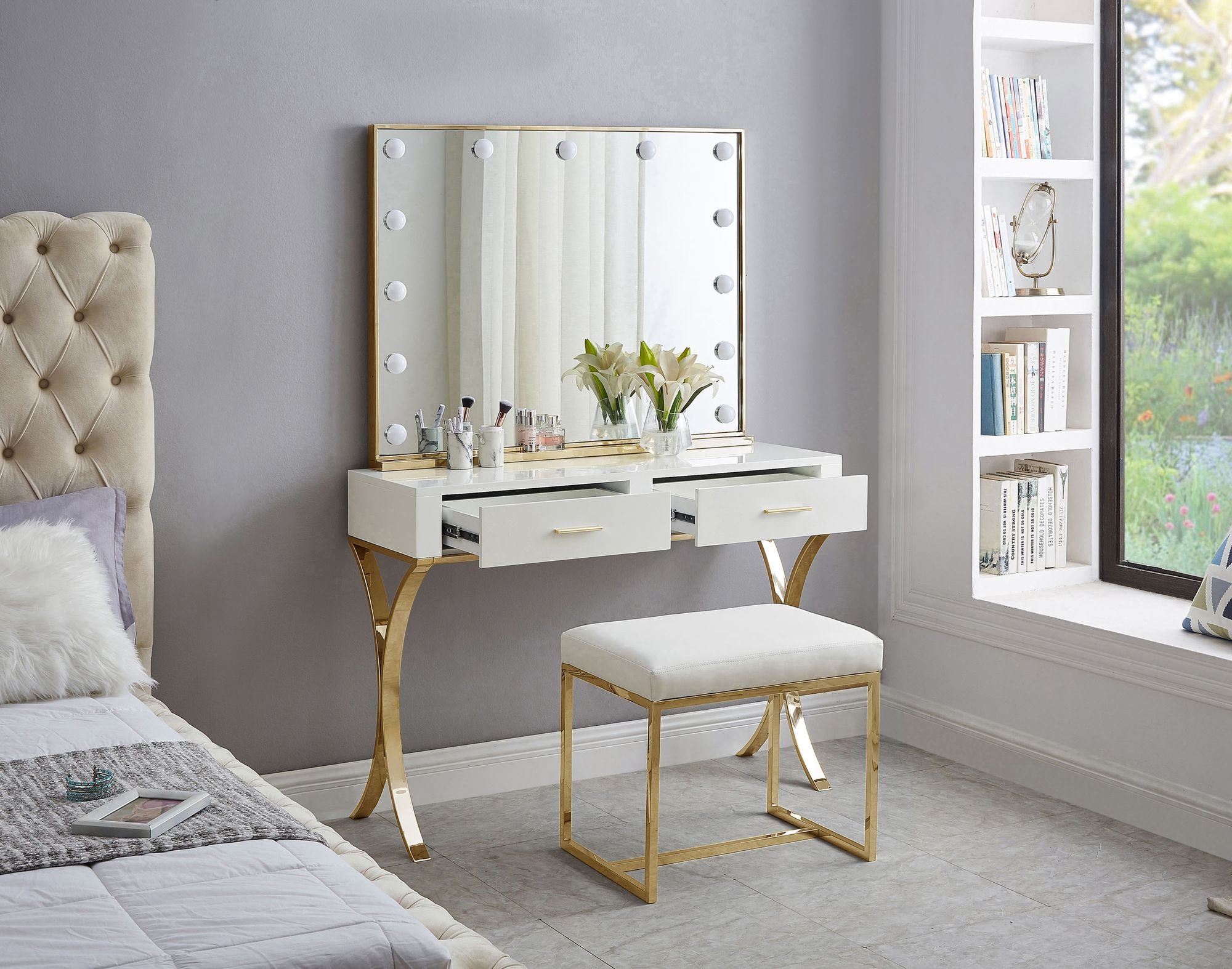 Monroe 2-Drawer Vanity Table with Stainless Steel Legs & Handles