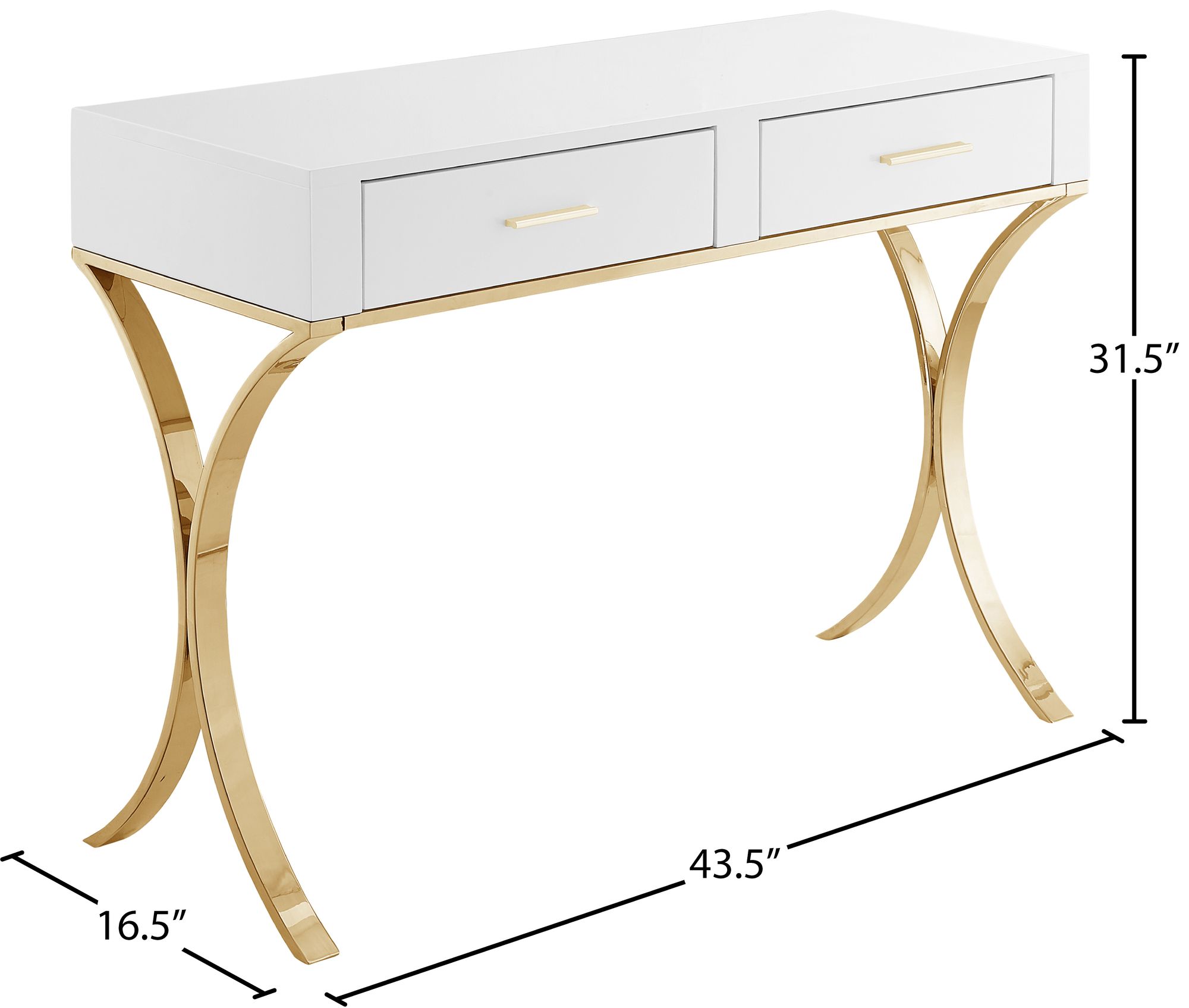 Monroe 2-Drawer Vanity Table with Gold Stainless Steel Legs & Handles