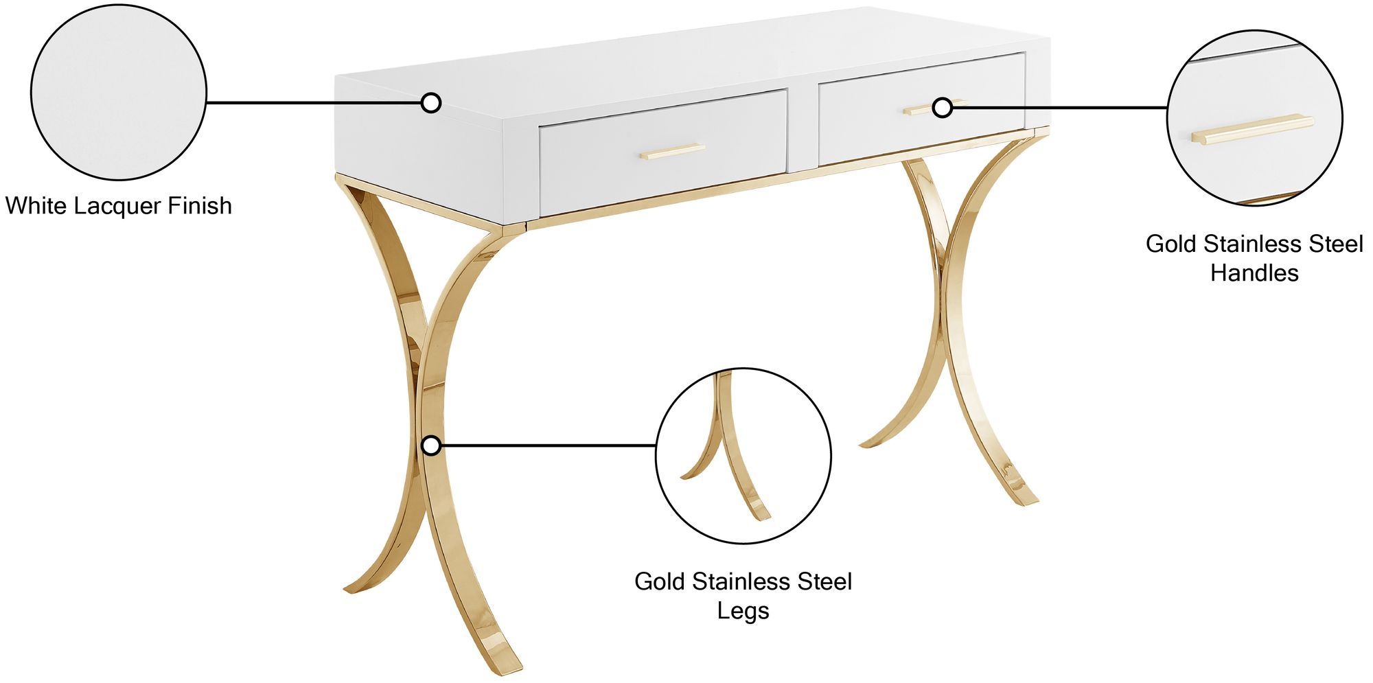 Monroe 2-Drawer Vanity Table with Stainless Steel Legs & Handles