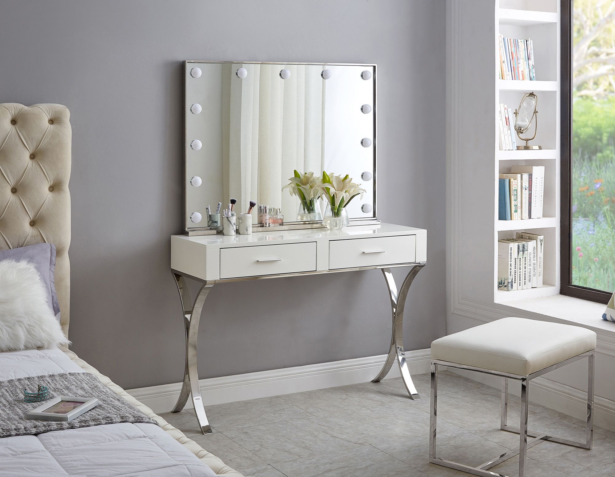 Monroe 2-Drawer Vanity Table with Chrome Stainless Steel Legs & Handles