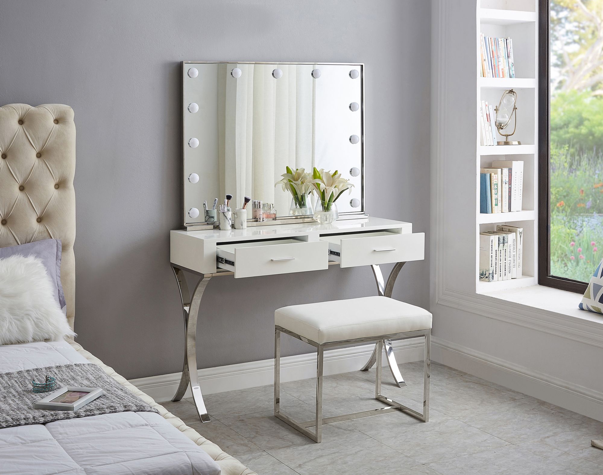 Monroe 2-Drawer Vanity Table with Chrome Stainless Steel Legs & Handles