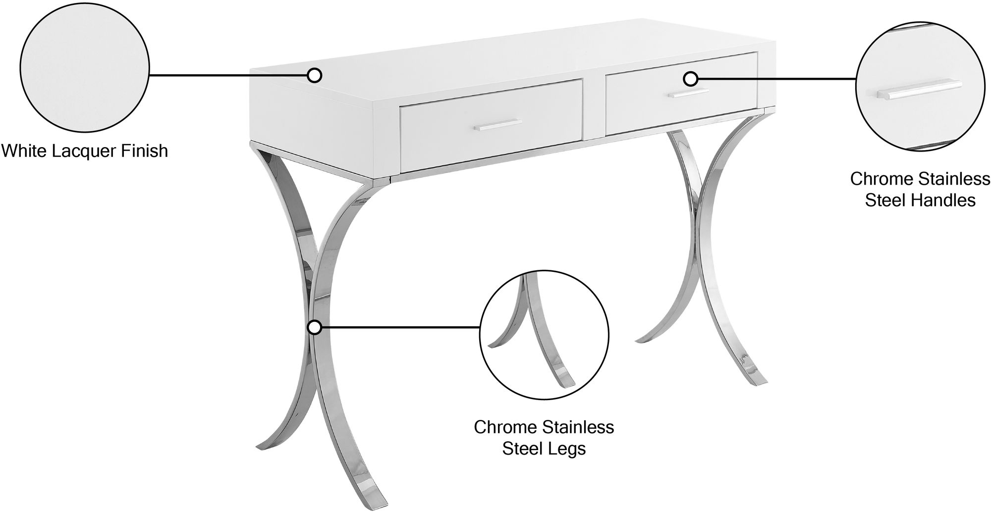 Monroe 2-Drawer Vanity Table with Stainless Steel Legs & Handles