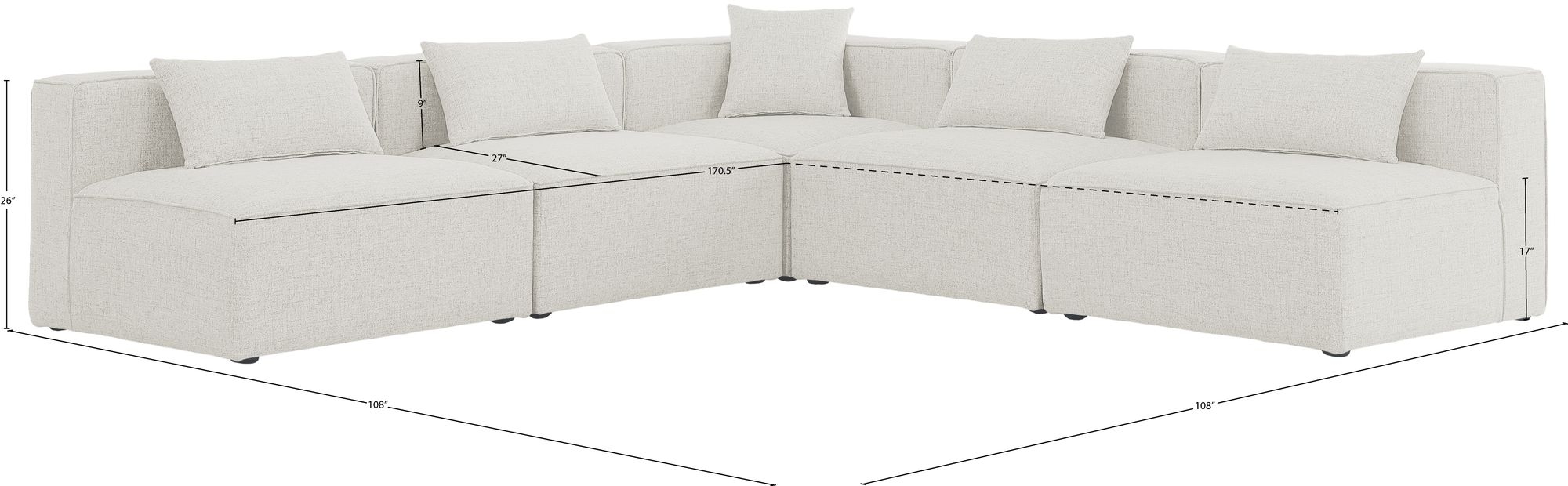 Cube 108" 5-Piece Linen Fabric Modular Armless Sectional