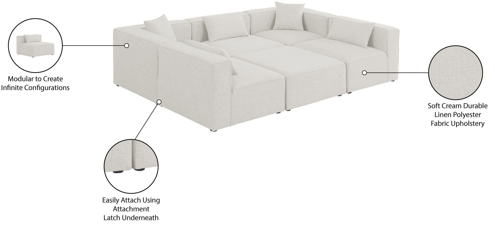 Cube 108" 6-Piece Linen Fabric Modular Sectional