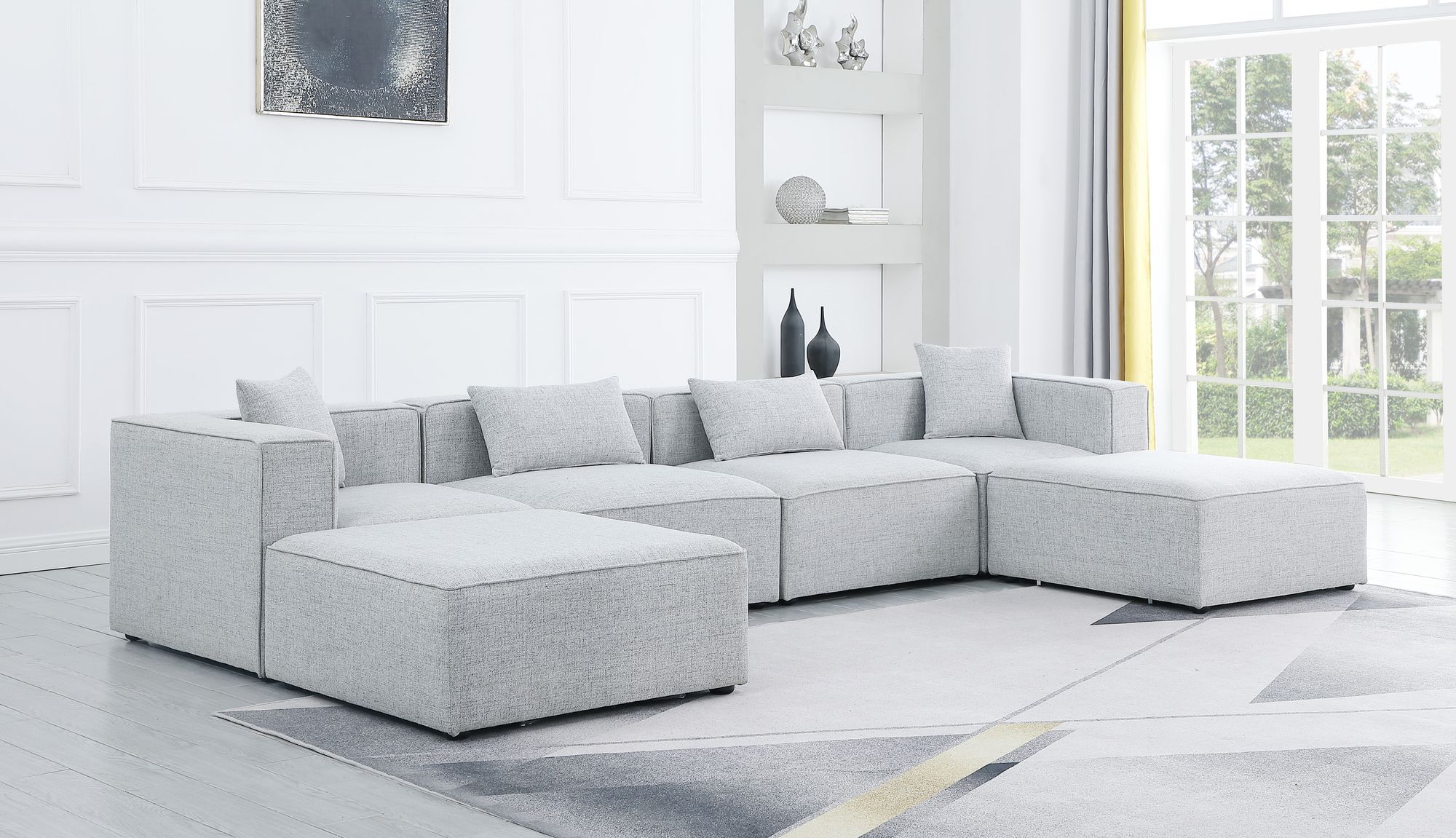 Cube 144" 6-Piece Linen Fabric Modular U-Shape Sectional