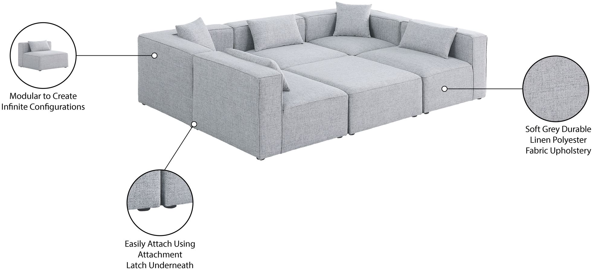 Cube 108" 6-Piece Linen Fabric Modular Sectional