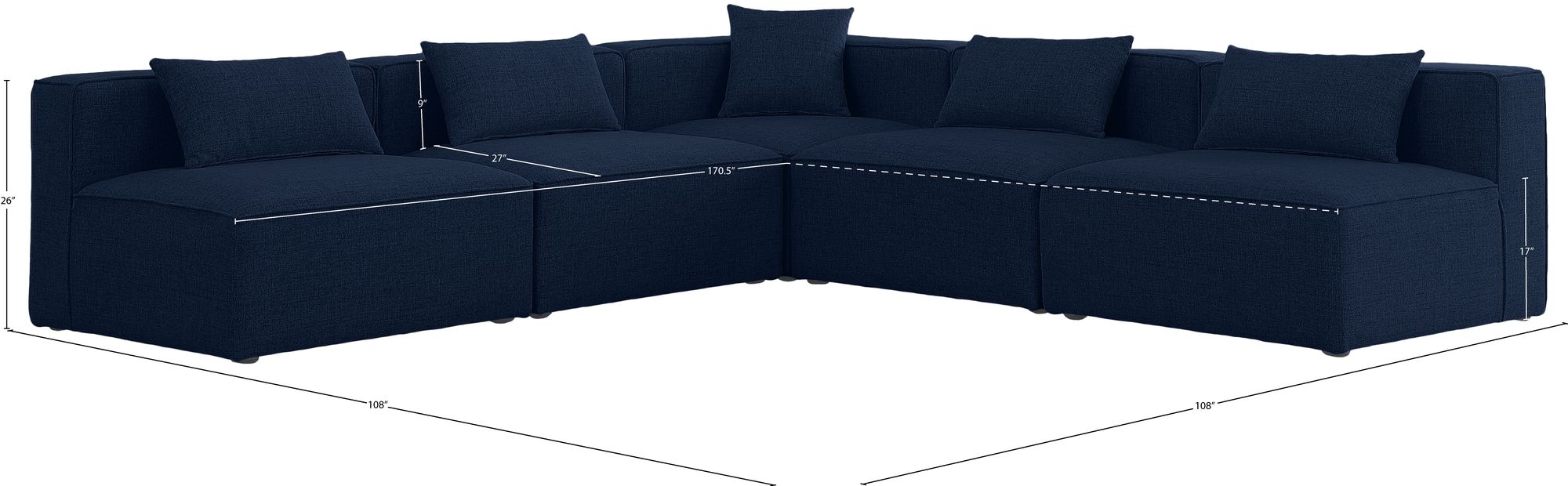 Cube 108" 5-Piece Linen Fabric Modular Armless Sectional