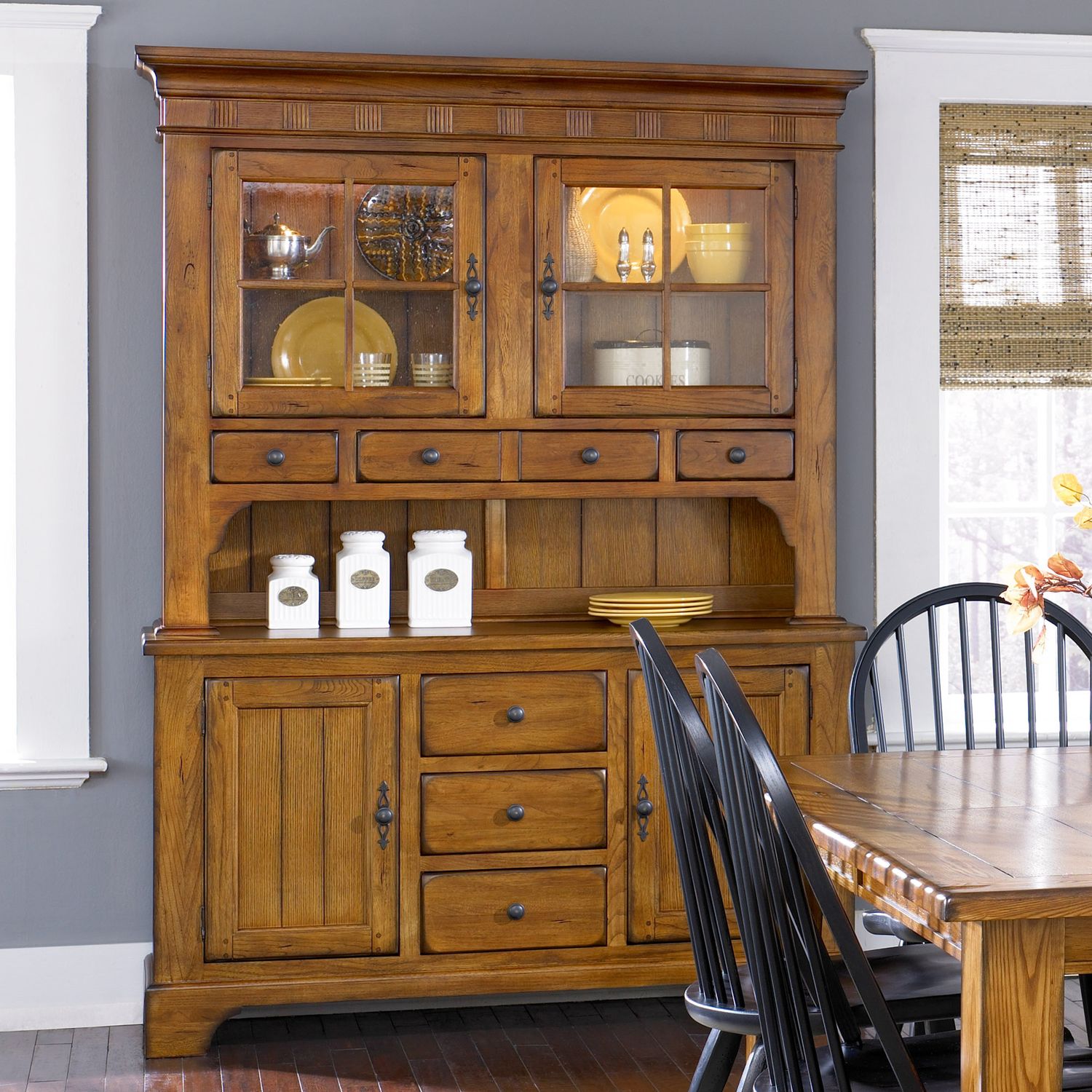 Treasures Wood/Glass Hutch & Buffet Set w/7 Drawers & 4 Doors