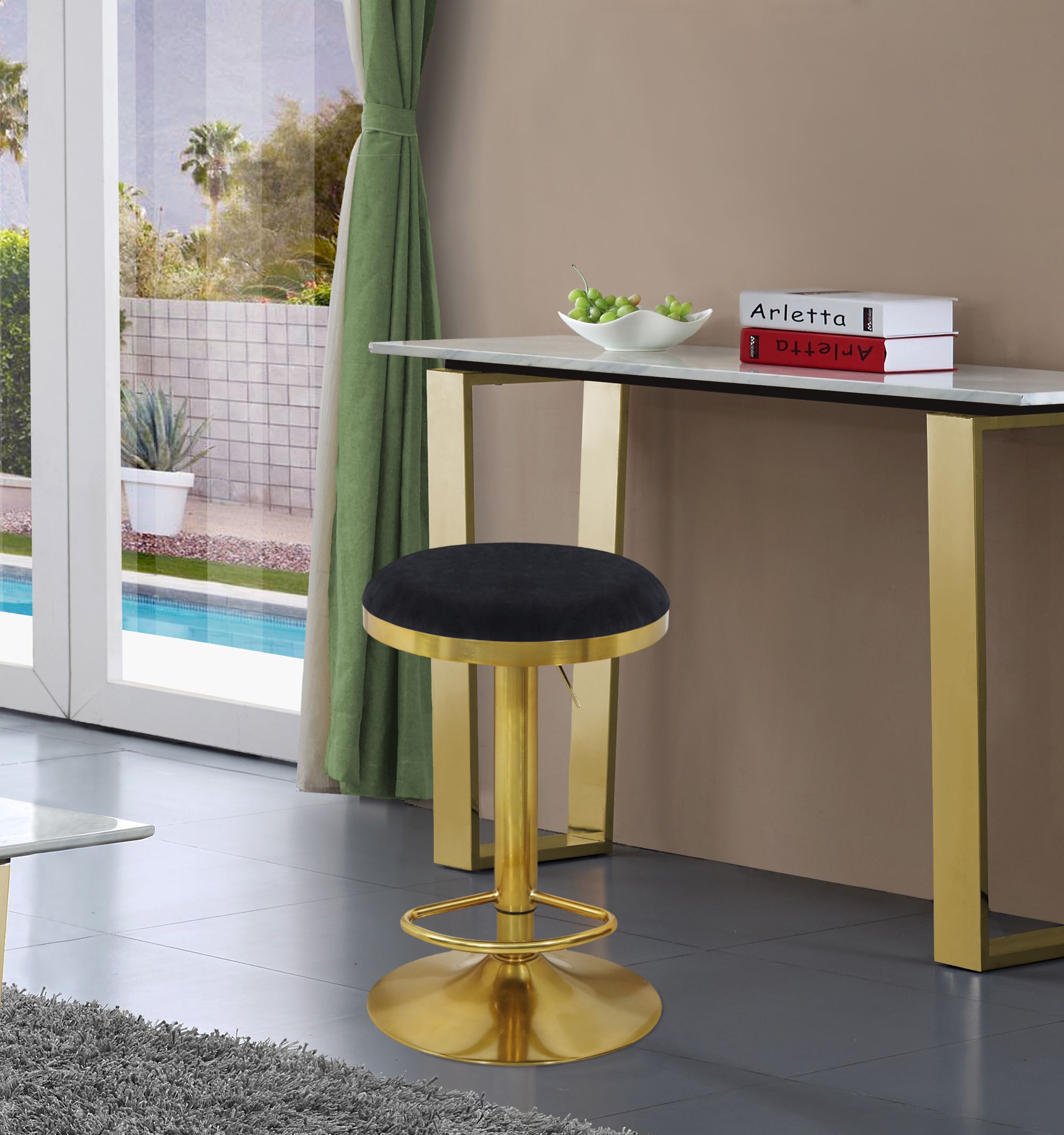 Brody Velvet Adjustable Swivel Stool with Brushed Gold Base