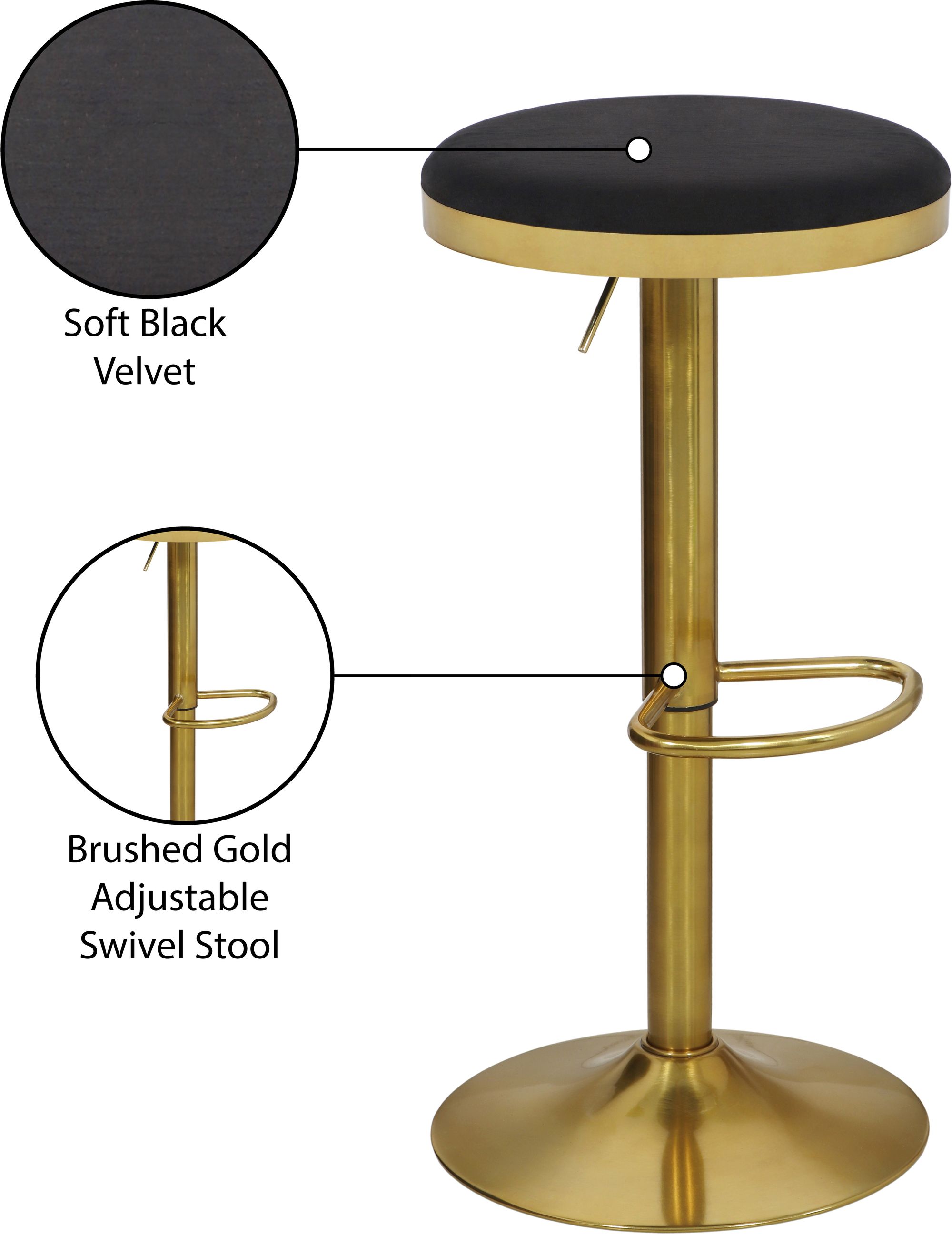 Brody Velvet Adjustable Swivel Stool with Brushed Gold Base