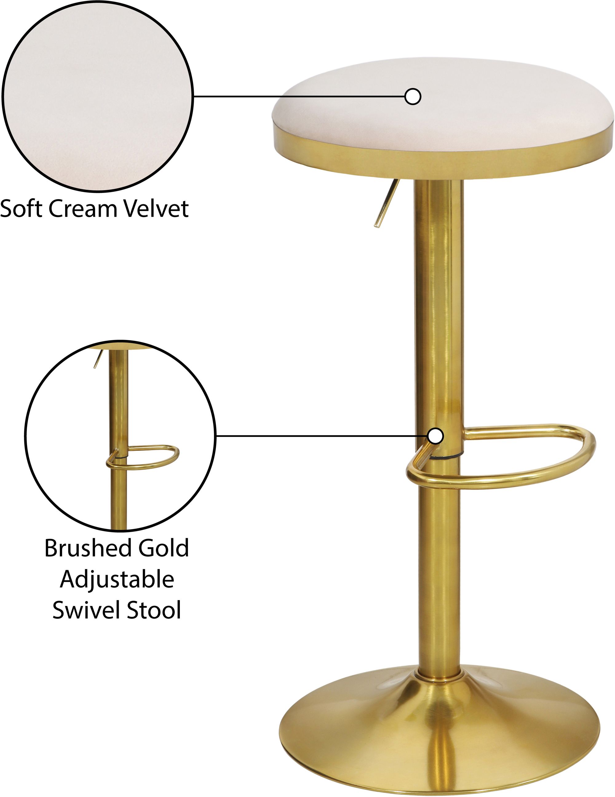 Brody Velvet Adjustable Swivel Stool with Brushed Gold Base