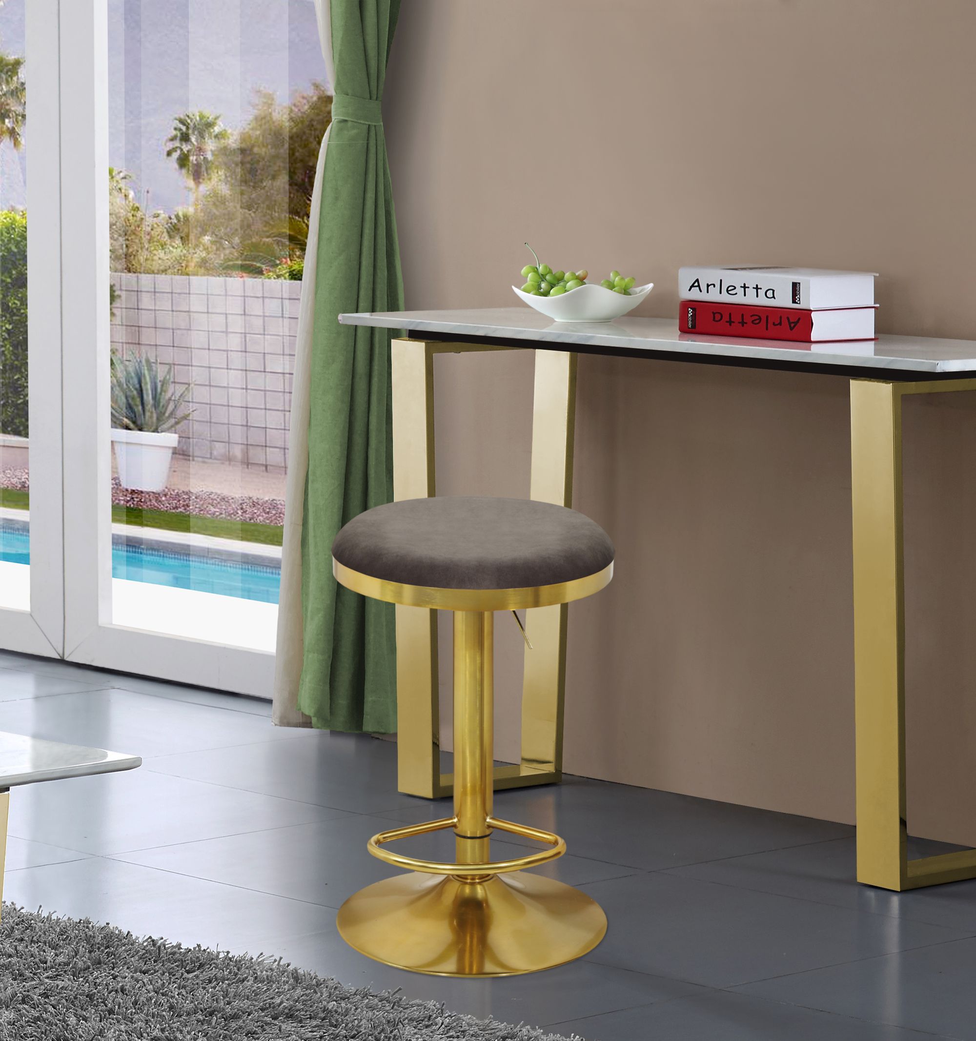 Brody Velvet Adjustable Swivel Stool with Brushed Gold Base