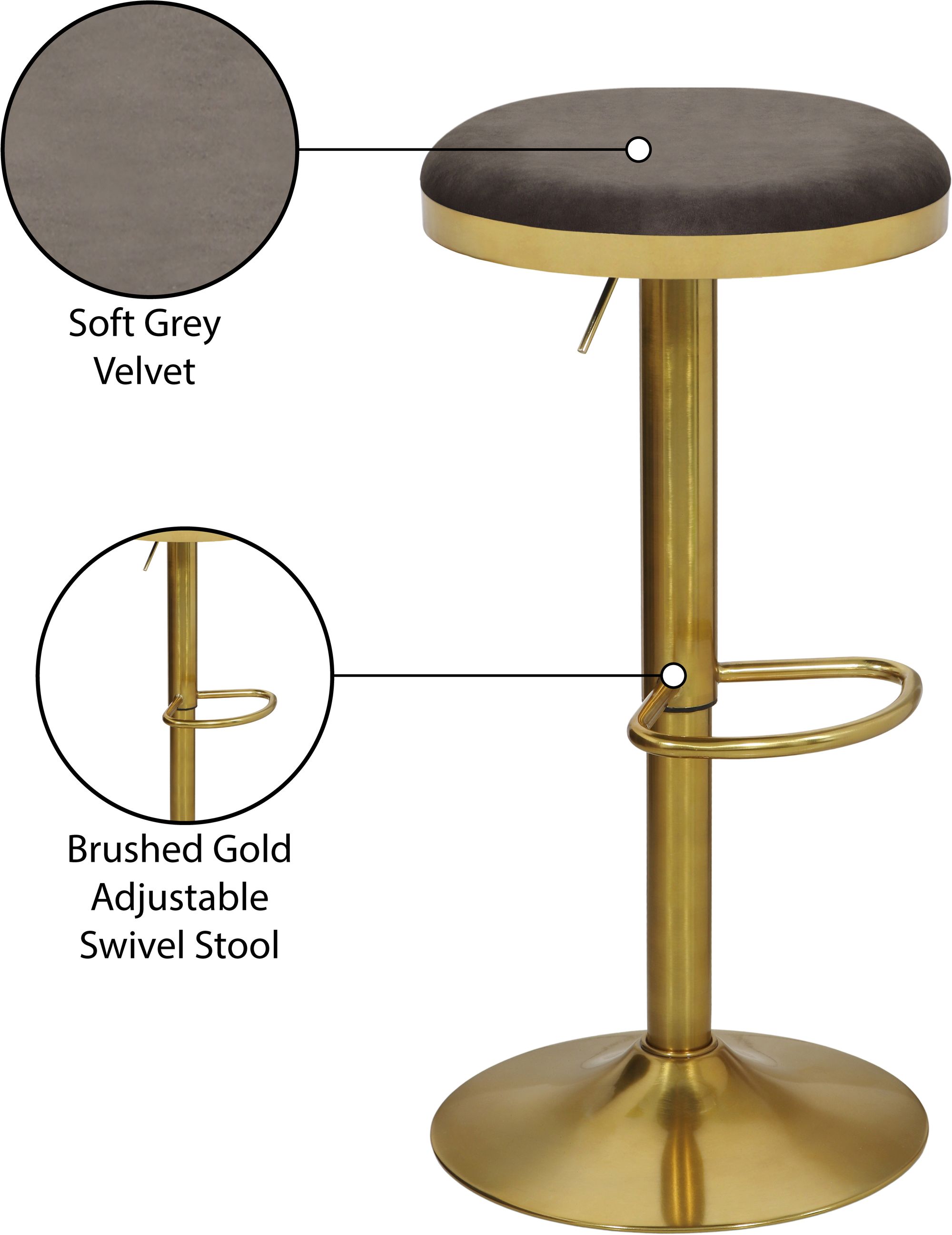 Brody Velvet Adjustable Swivel Stool with Brushed Gold Base