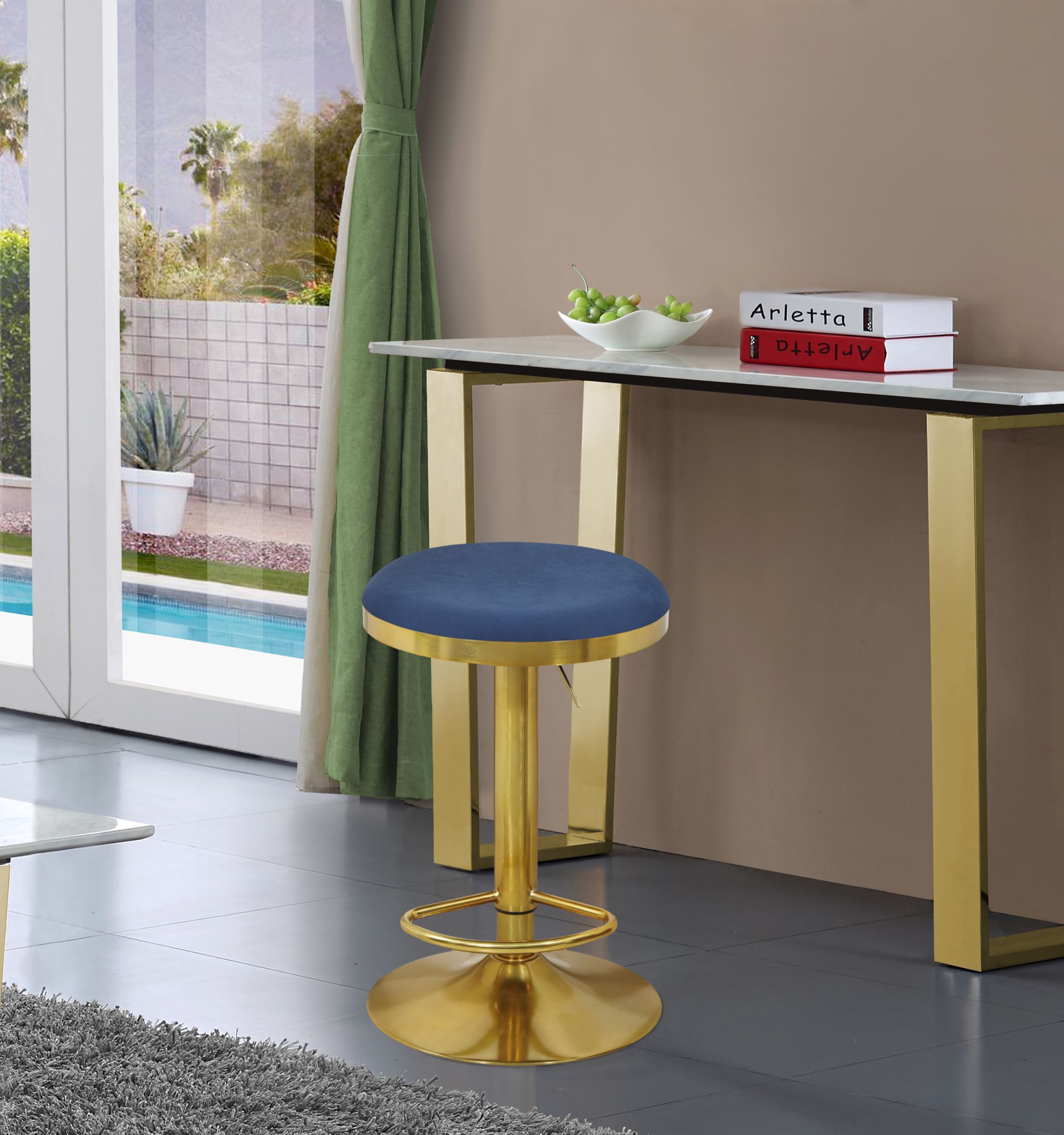 Brody Velvet Adjustable Swivel Stool with Brushed Gold Base