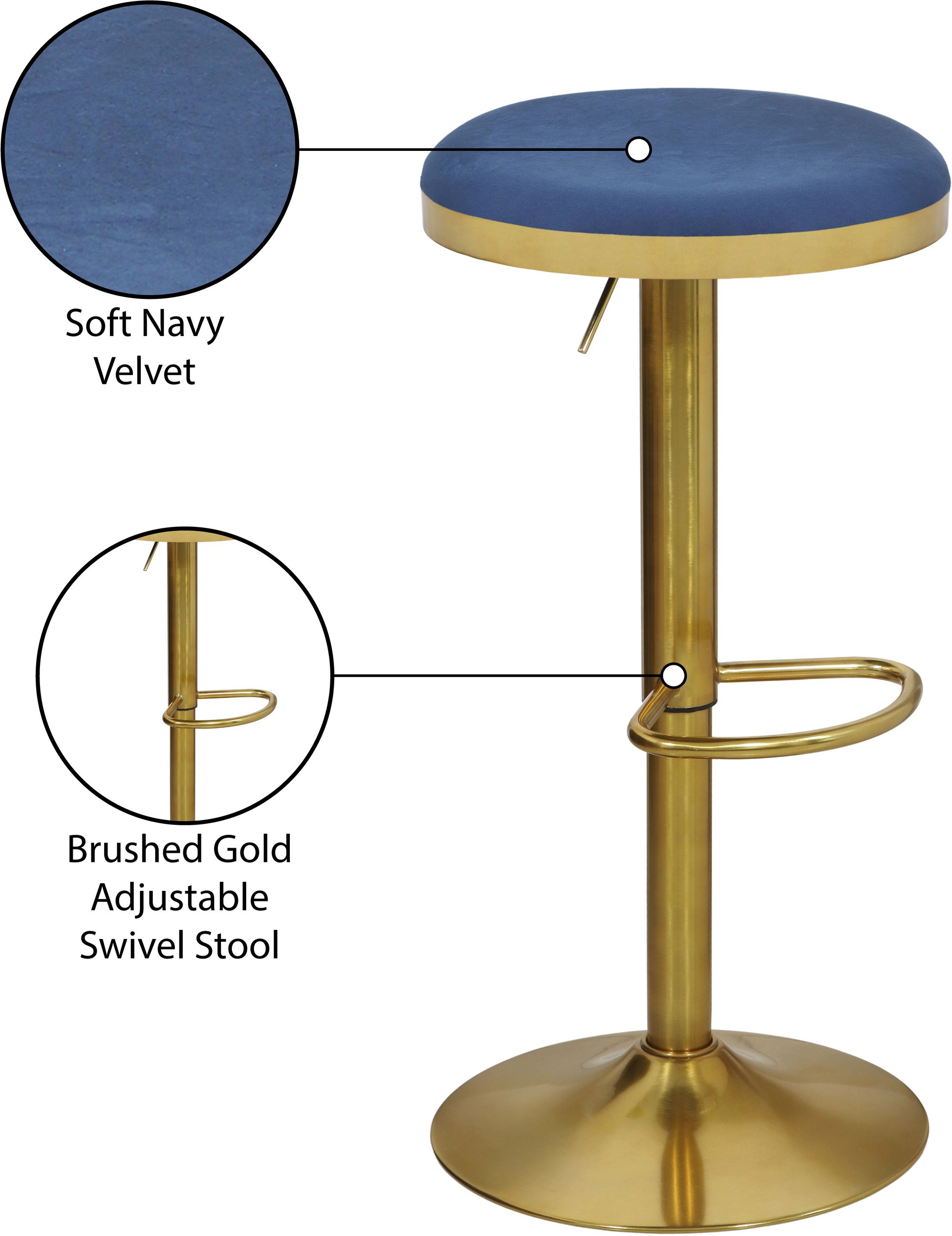 Brody Velvet Adjustable Swivel Stool with Brushed Gold Base