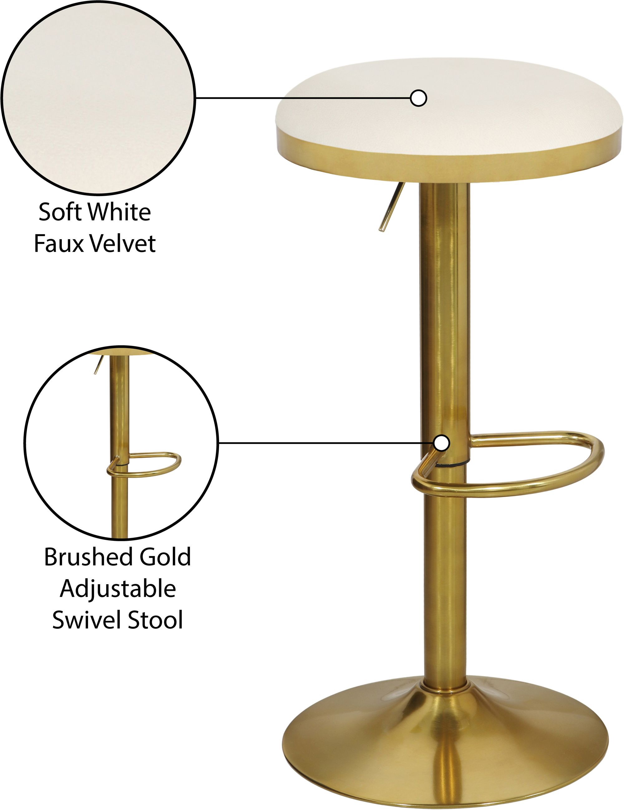Brody Velvet Adjustable Swivel Stool with Brushed Gold Base