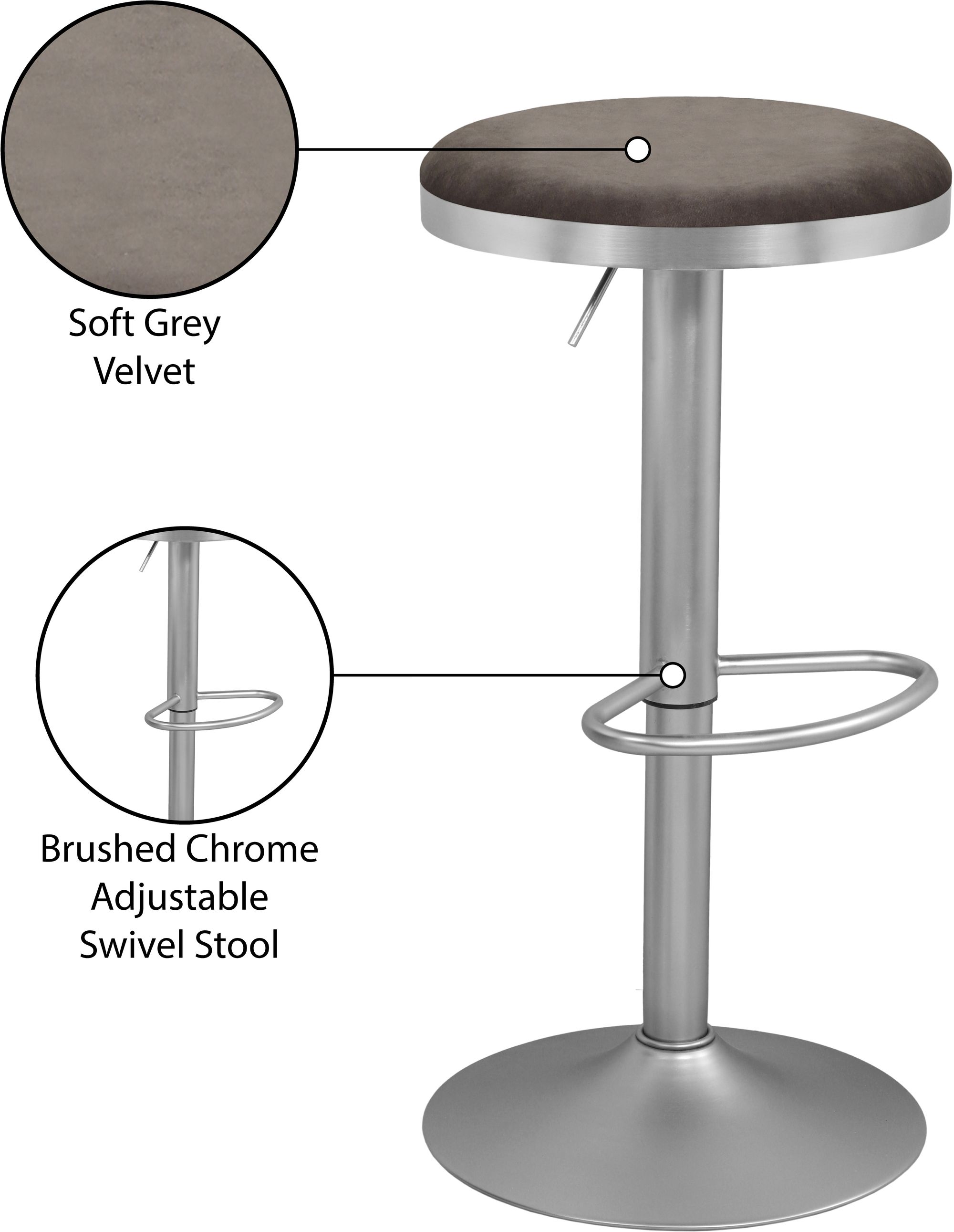 Brody Velvet Adjustable Swivel Stool with Brushed Chrome Base