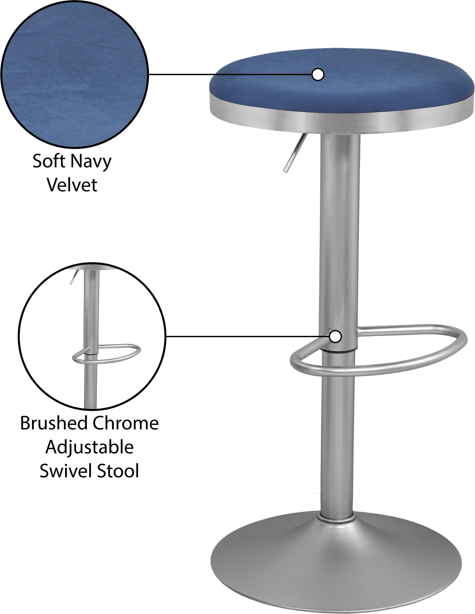 Brody Velvet Adjustable Swivel Stool with Brushed Chrome Base