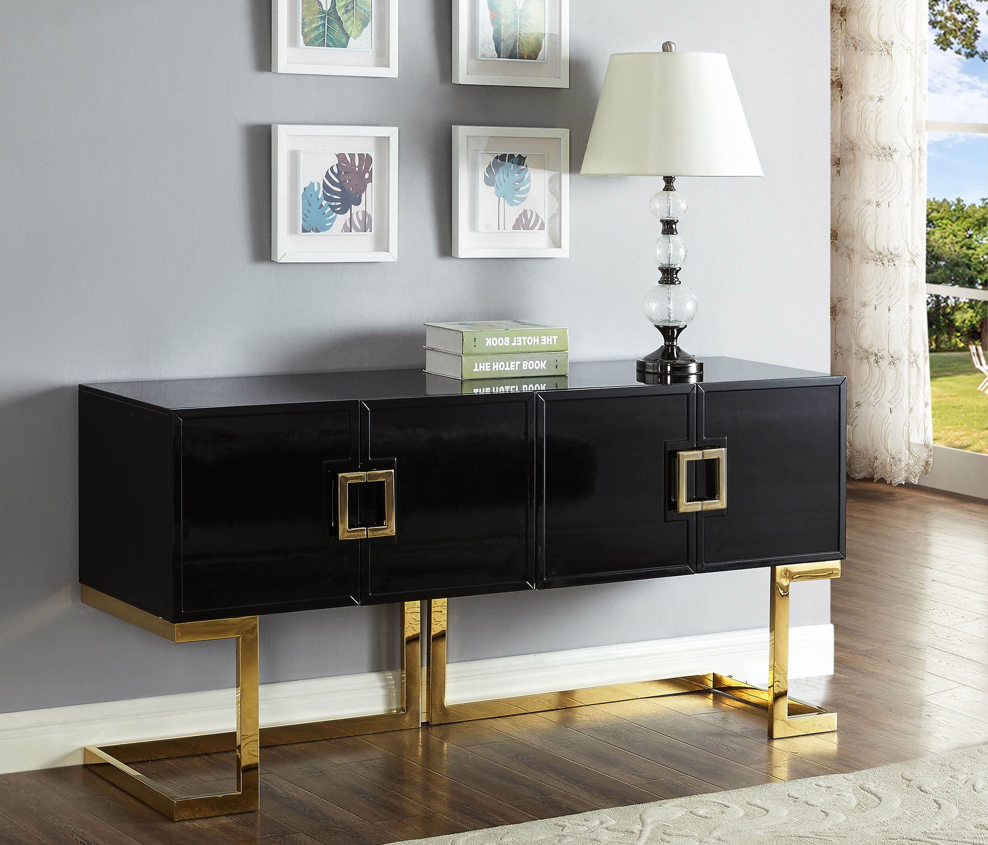 Beth 4-Door Lacquer Buffet with Stainless Steel Base & Handles