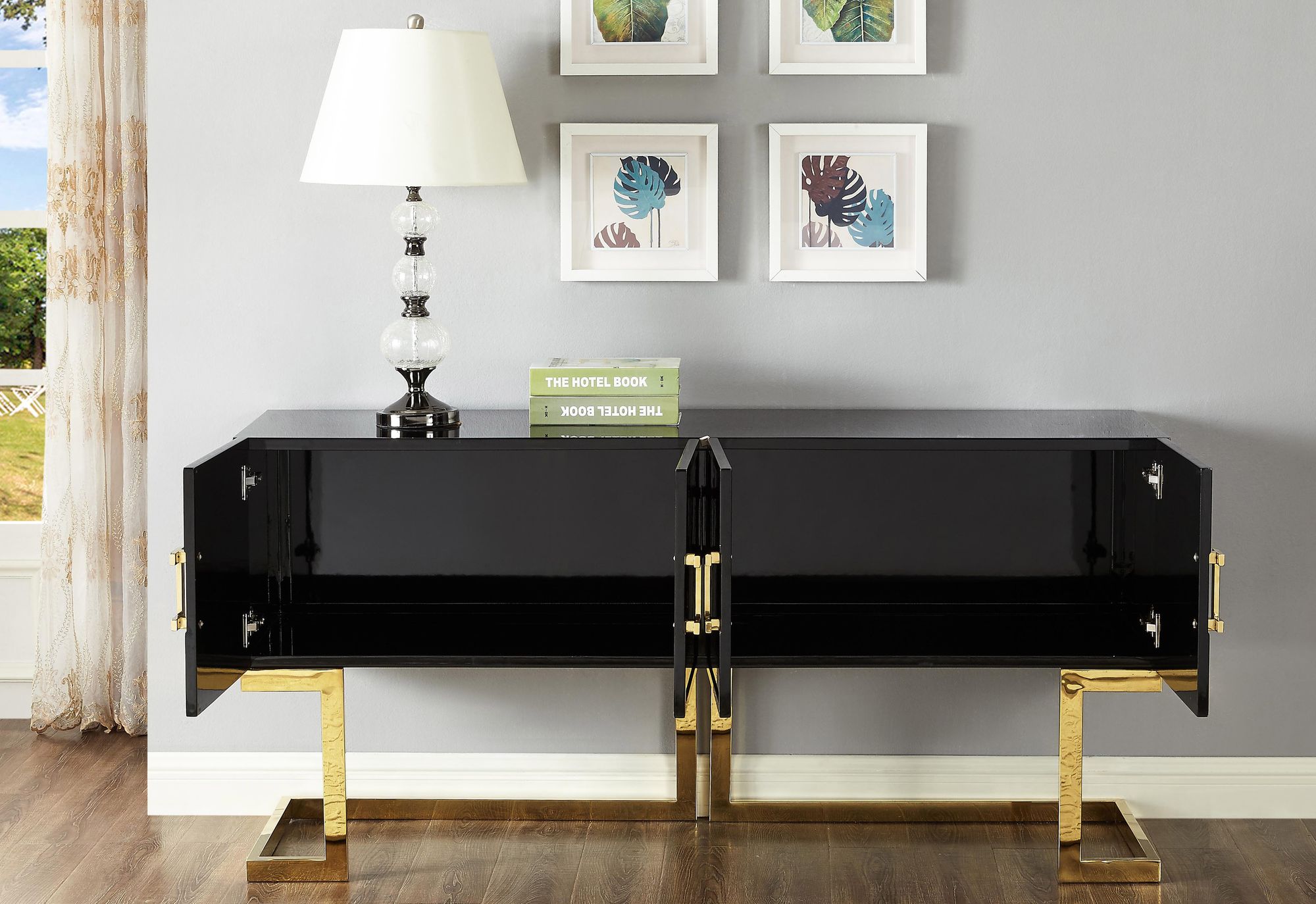 Beth 4-Door Lacquer Buffet with Stainless Steel Base & Handles