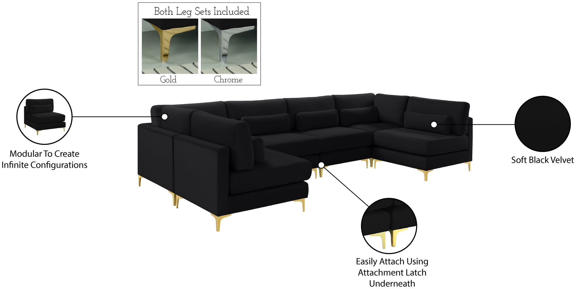Julia 142" 6-Piece Velvet Modular U-Shape Sectional
