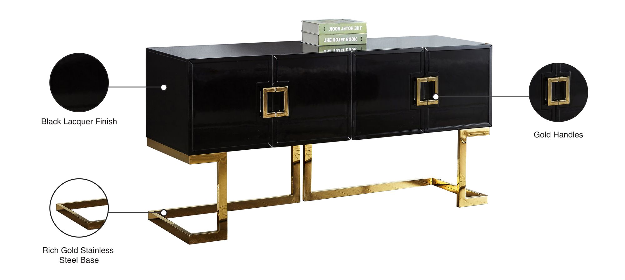 Beth 4-Door Lacquer Buffet with Gold Stainless Steel Base & Handles