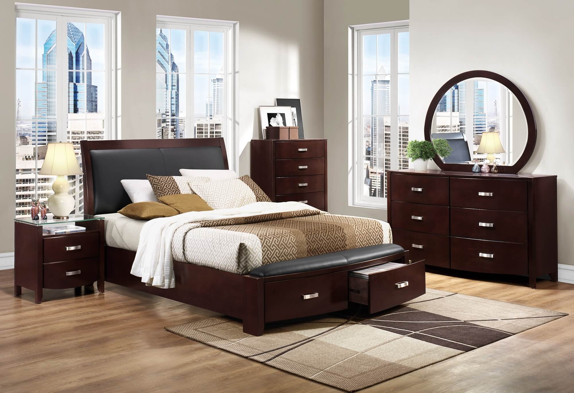 Lyric Leatherette/Wood/Wood Veneer Sleigh Platform Bed w/ Footboard Storage