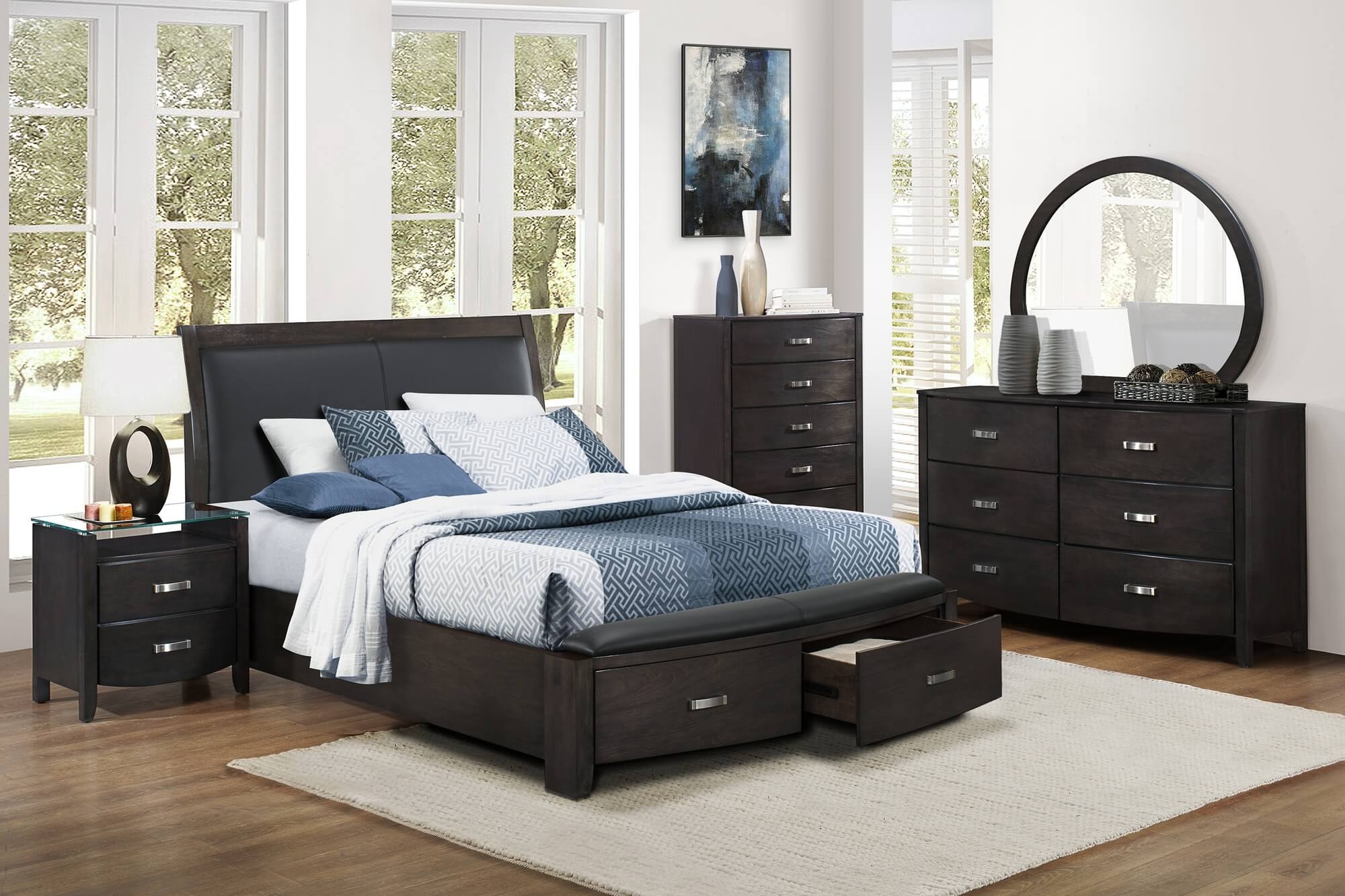 Lyric Leatherette/Wood/Wood Veneer Sleigh Platform Bed w/ Footboard Storage