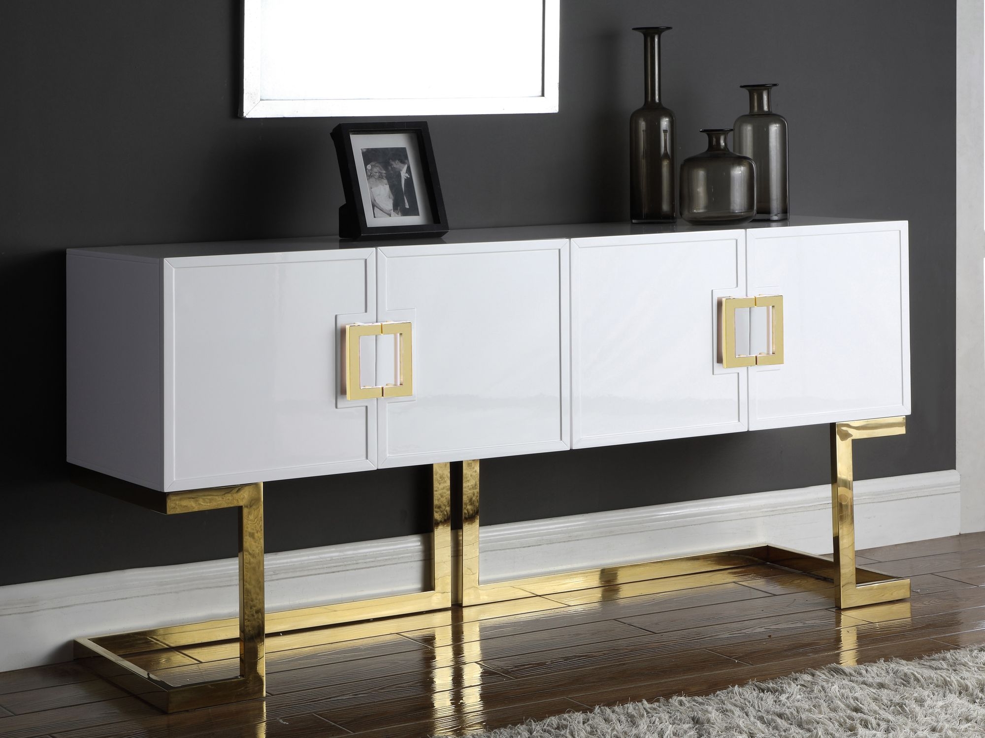 Beth 4-Door Lacquer Buffet with Stainless Steel Base & Handles