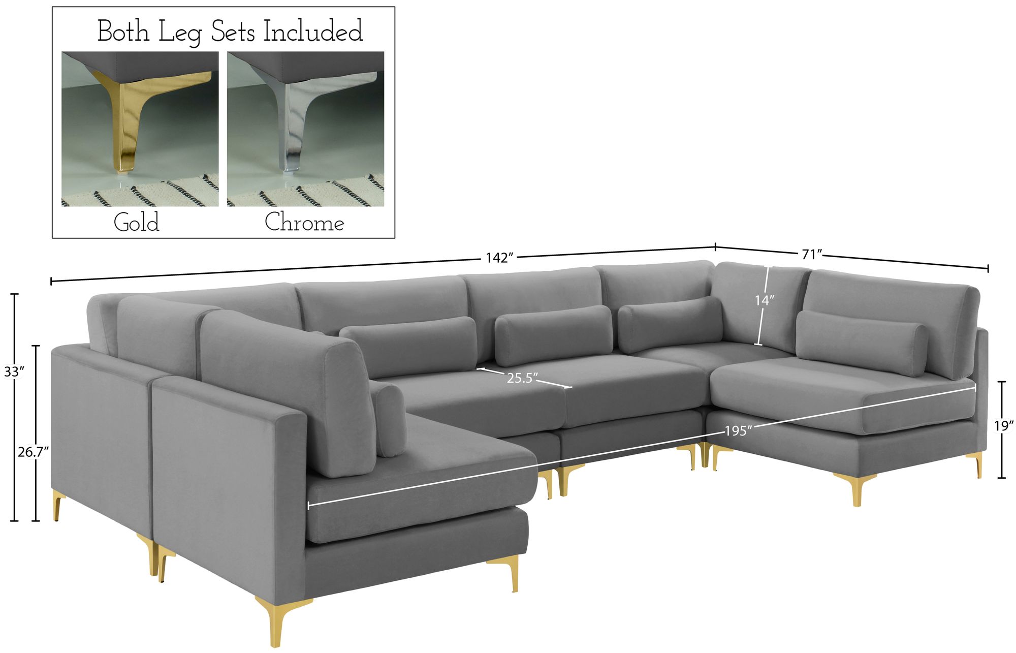 Julia 142" 6-Piece Velvet Modular U-Shape Sectional