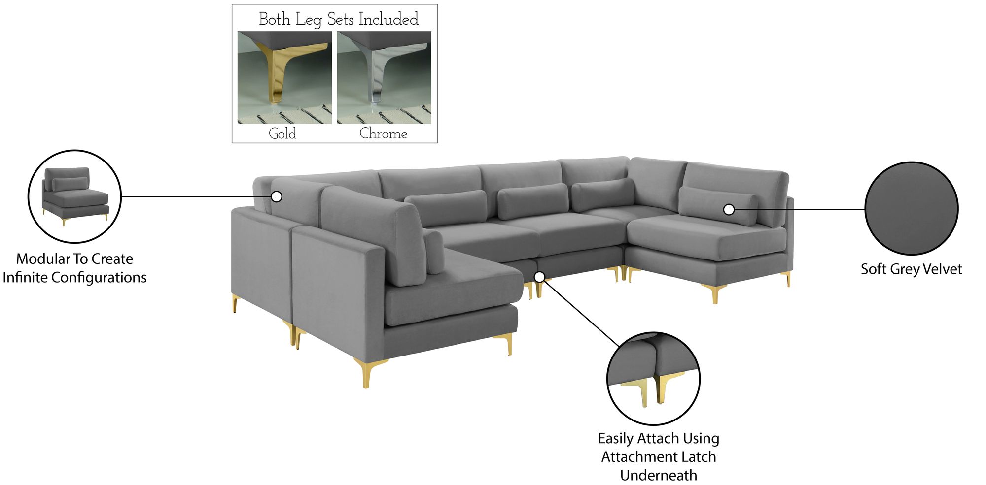 Julia 142" 6-Piece Velvet Modular U-Shape Sectional