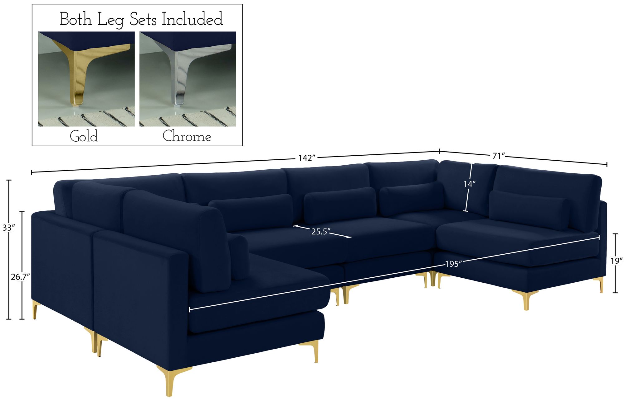 Julia 142" 6-Piece Velvet Modular U-Shape Sectional