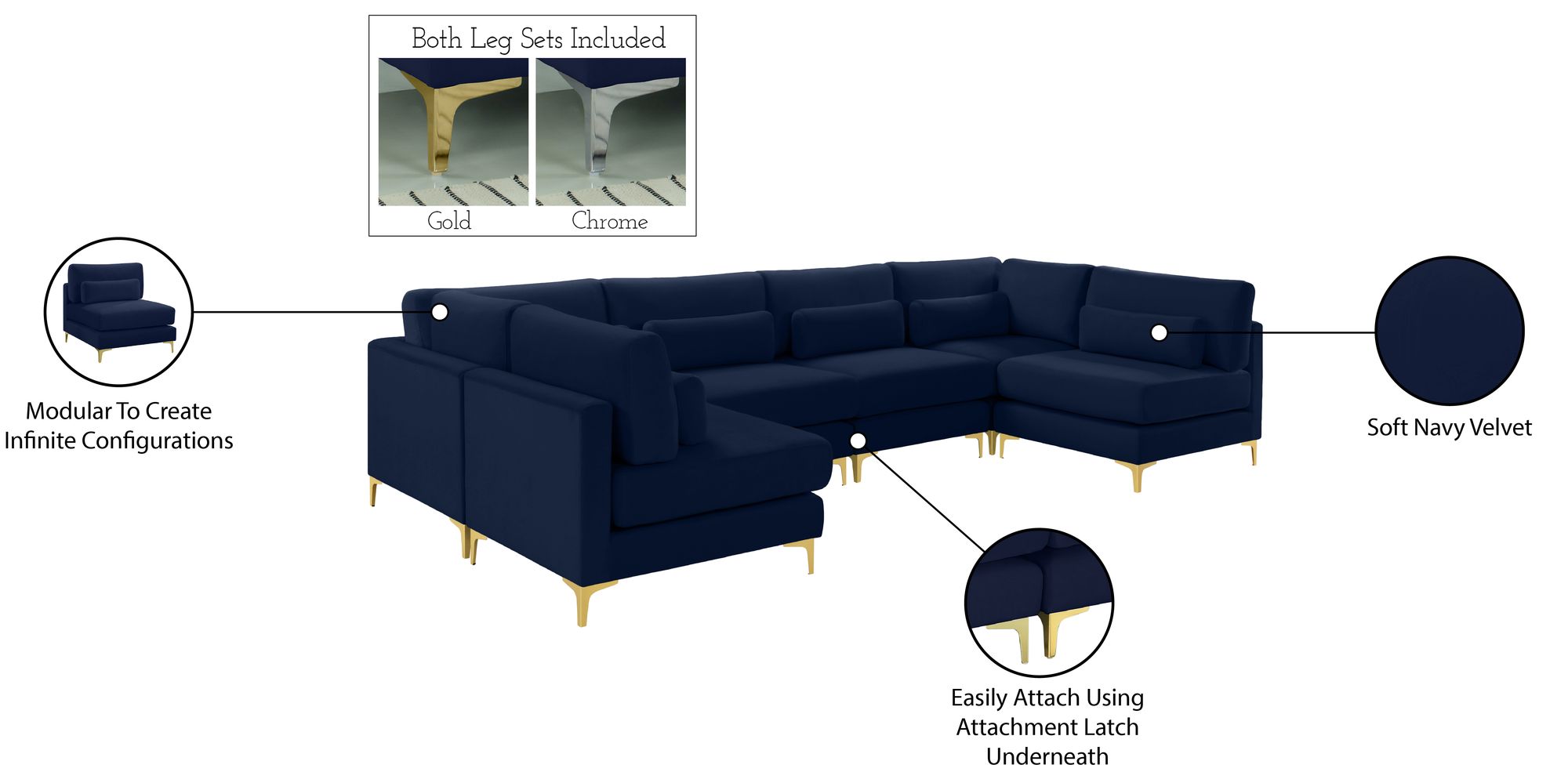 Julia 142" 6-Piece Velvet Modular U-Shape Sectional