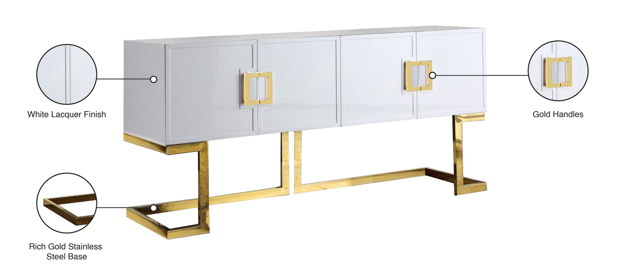 Beth 4-Door Lacquer Buffet with Gold Stainless Steel Base & Handles