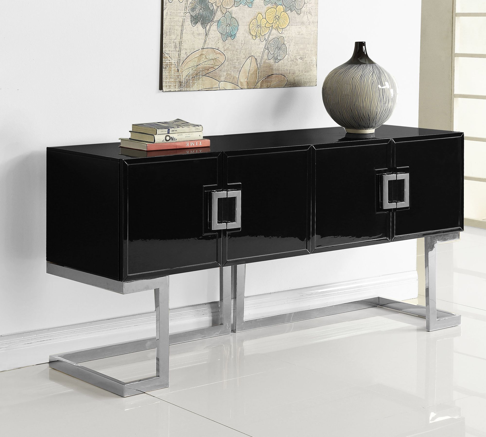 Beth 4-Door Lacquer Buffet with Stainless Steel Base & Handles