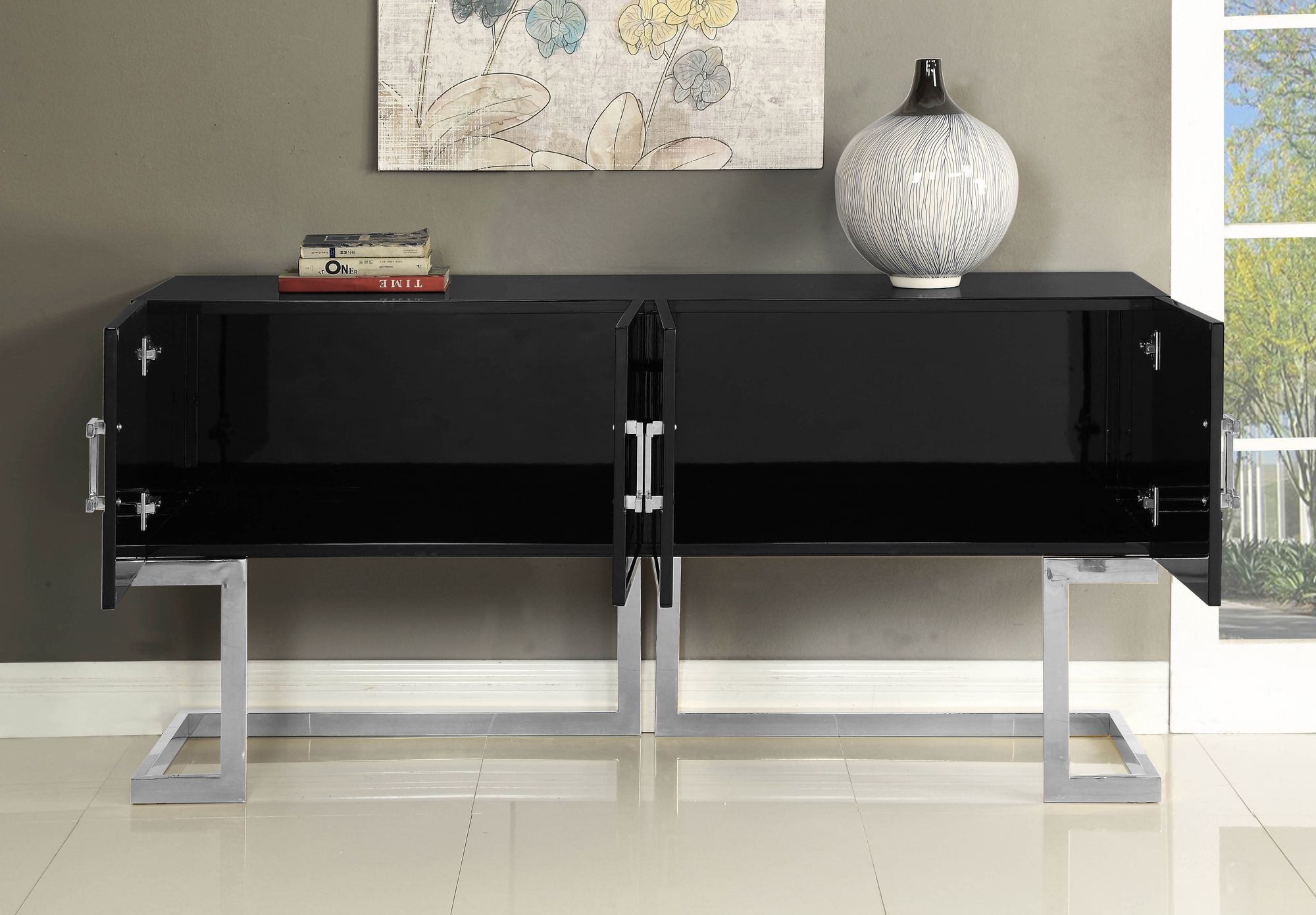 Beth 4-Door Lacquer Buffet with Stainless Steel Base & Handles
