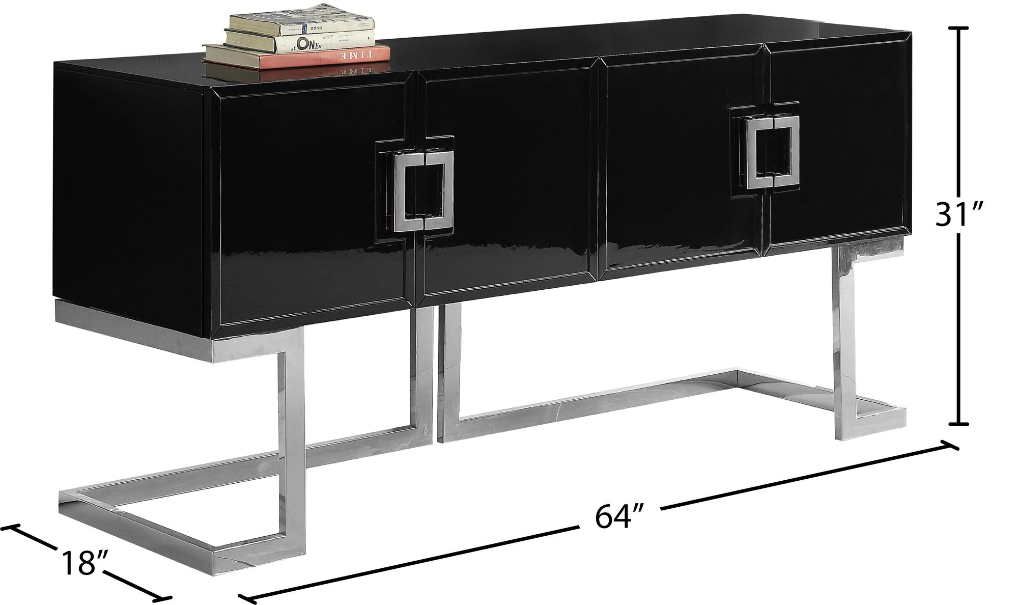 Beth 4-Door Lacquer Buffet with Chrome Stainless Steel Base & Handles