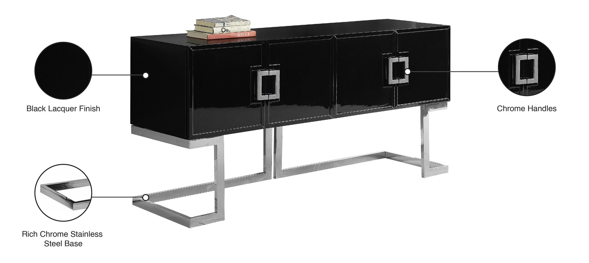 Beth 4-Door Lacquer Buffet with Chrome Stainless Steel Base & Handles