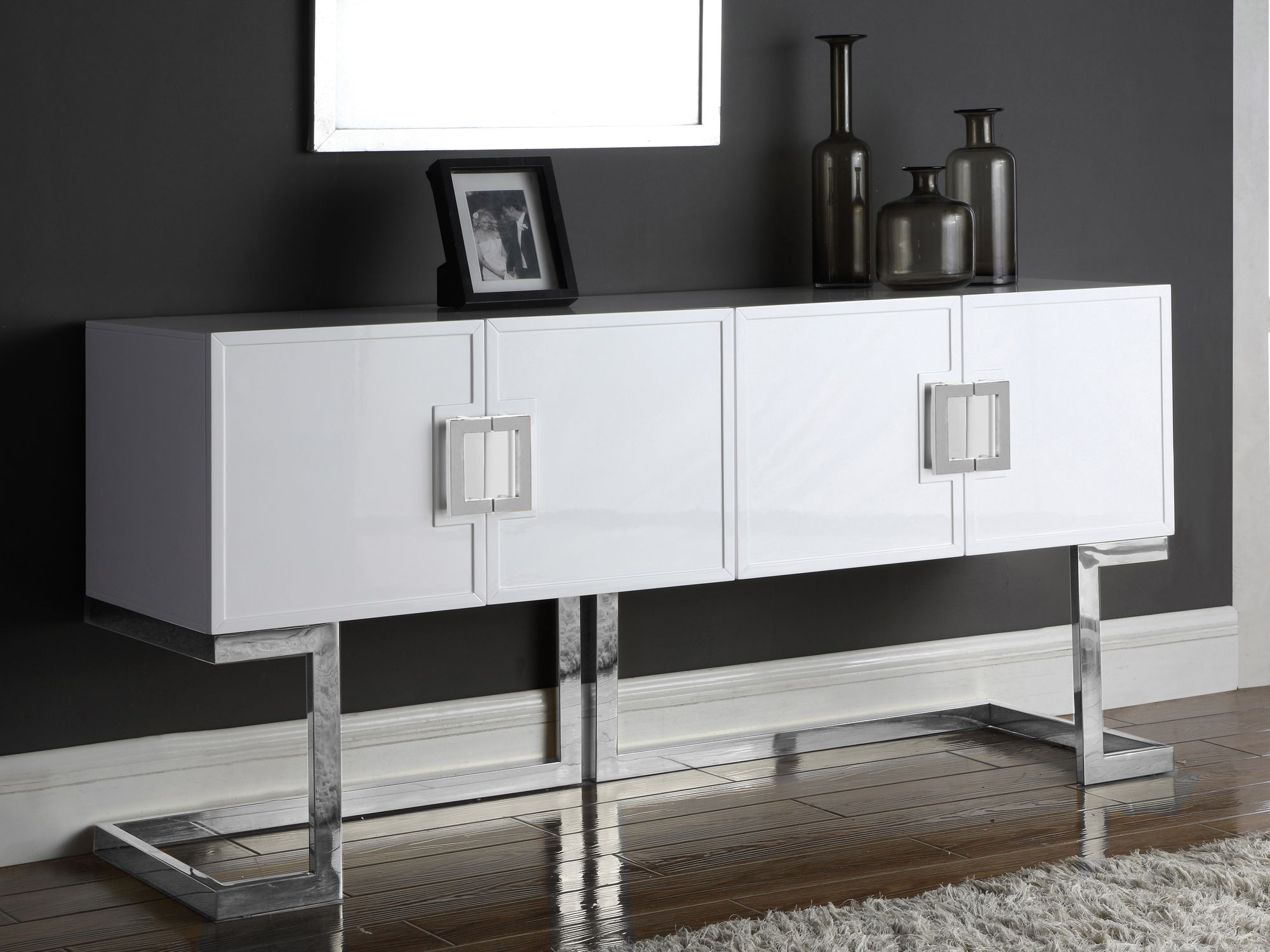 Beth 4-Door Lacquer Buffet with Chrome Stainless Steel Base & Handles