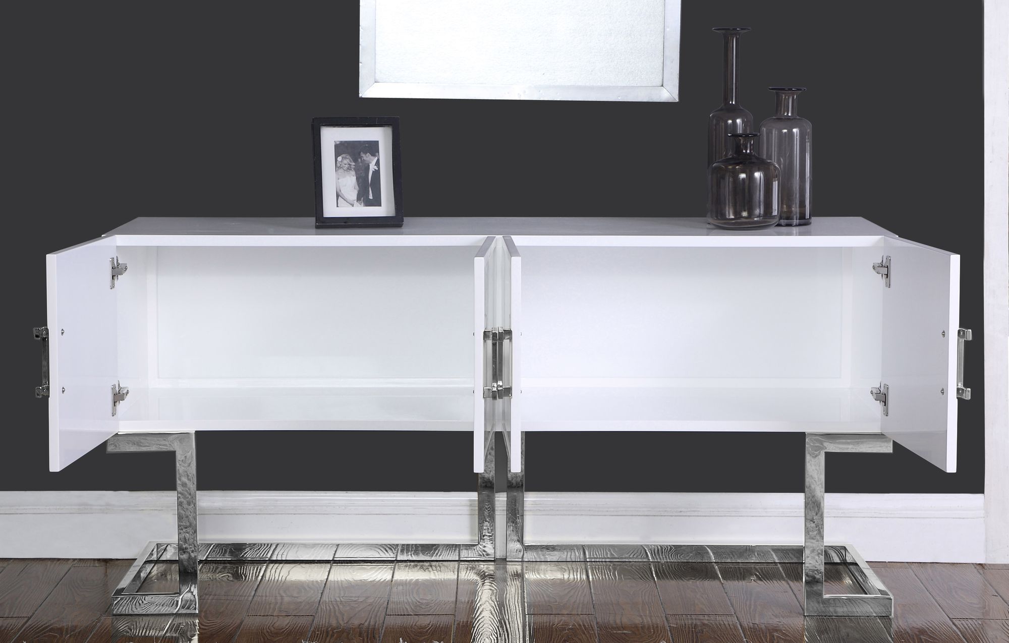 Beth 4-Door Lacquer Buffet with Chrome Stainless Steel Base & Handles