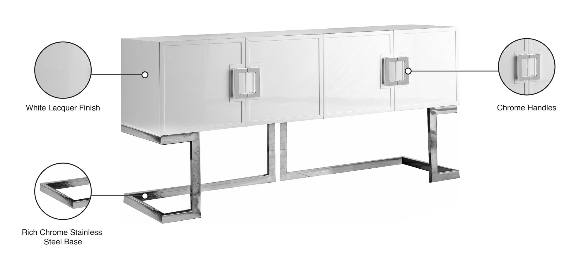 Beth 4-Door Lacquer Buffet with Stainless Steel Base & Handles