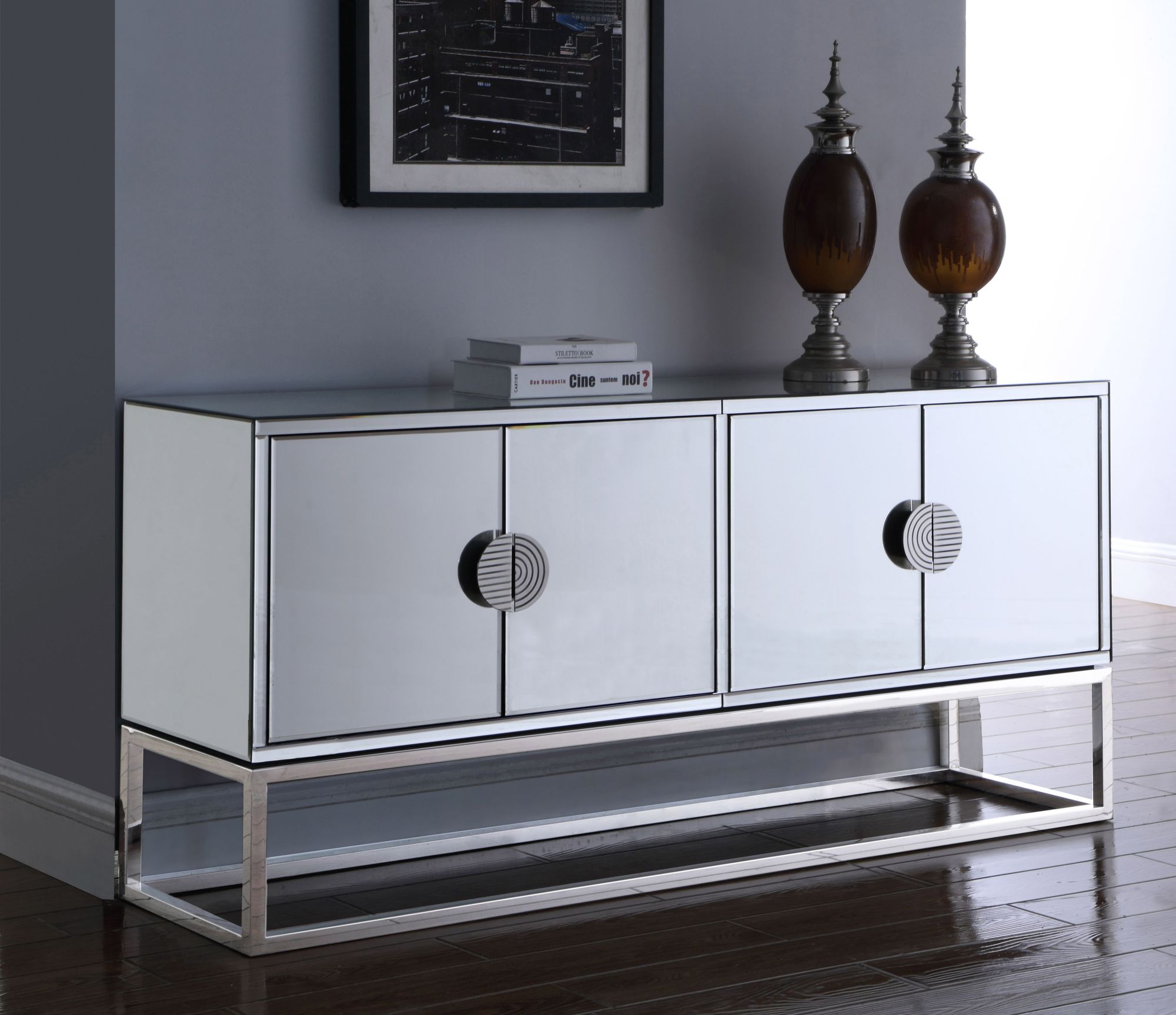 Marbella 4-Door Mirrored Sideboard with Stainless Steel Base & Handles
