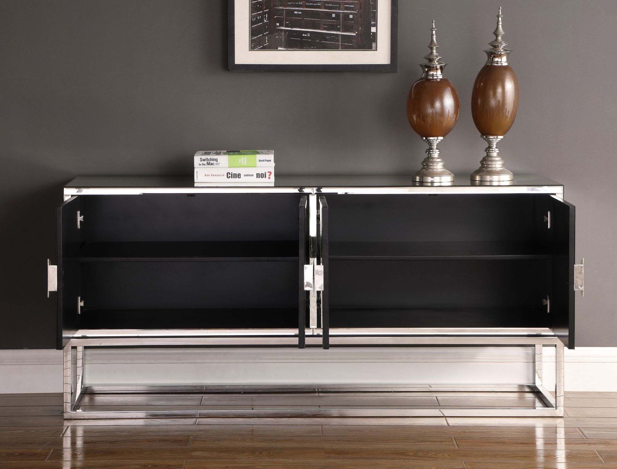 Marbella 4-Door Mirrored Sideboard with Chrome Stainless Steel Base & Handles