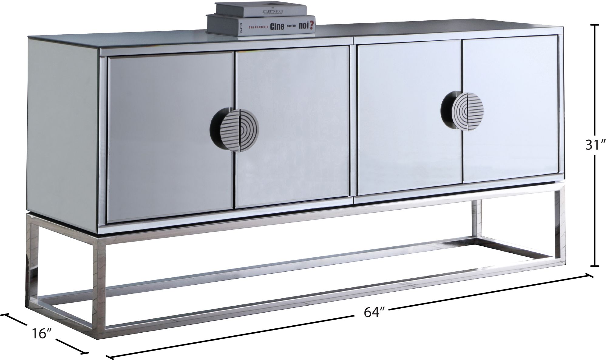 Marbella 4-Door Mirrored Sideboard with Chrome Stainless Steel Base & Handles