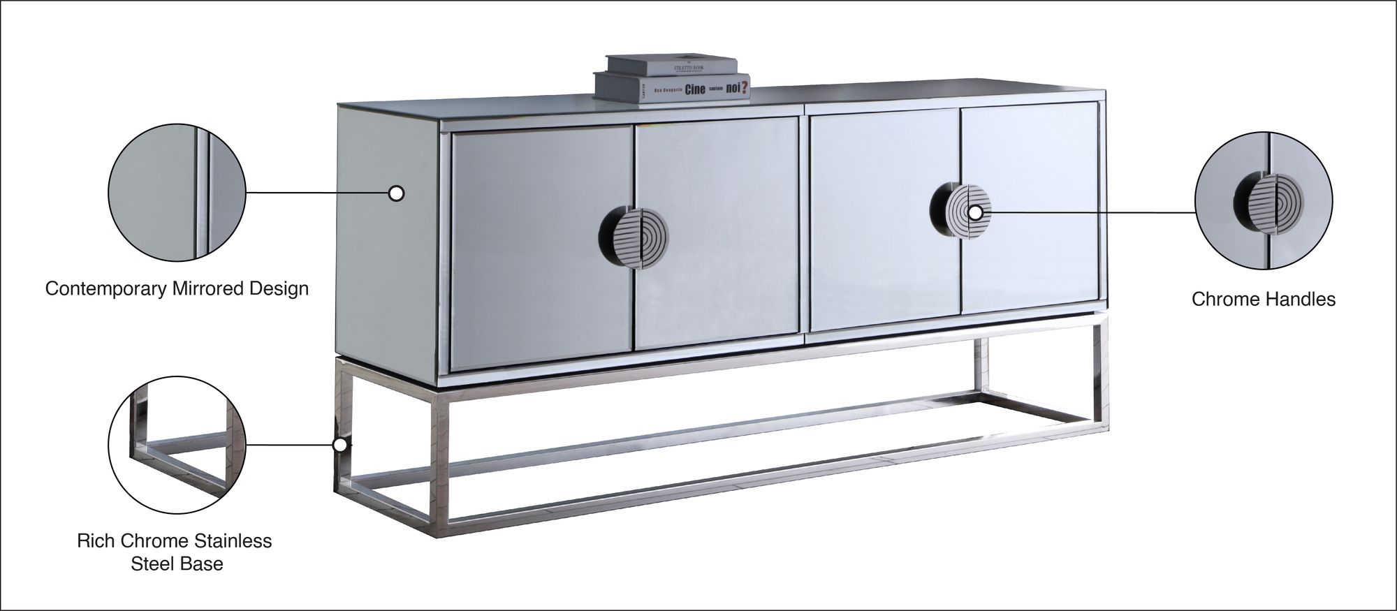 Marbella 4-Door Mirrored Sideboard with Chrome Stainless Steel Base & Handles