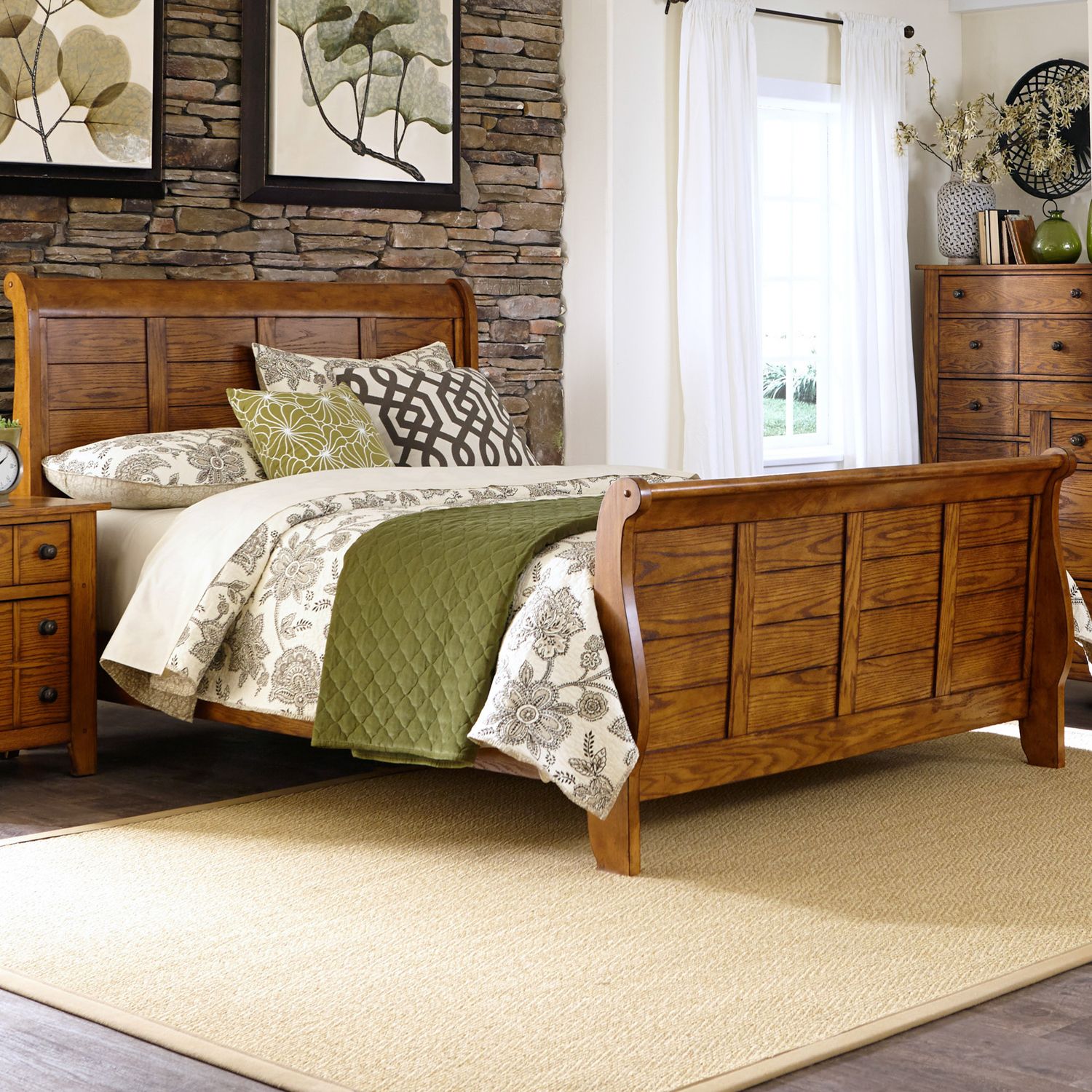 Grandpa's Cabin Wood Sleigh Bedroom Set - Aged Oak