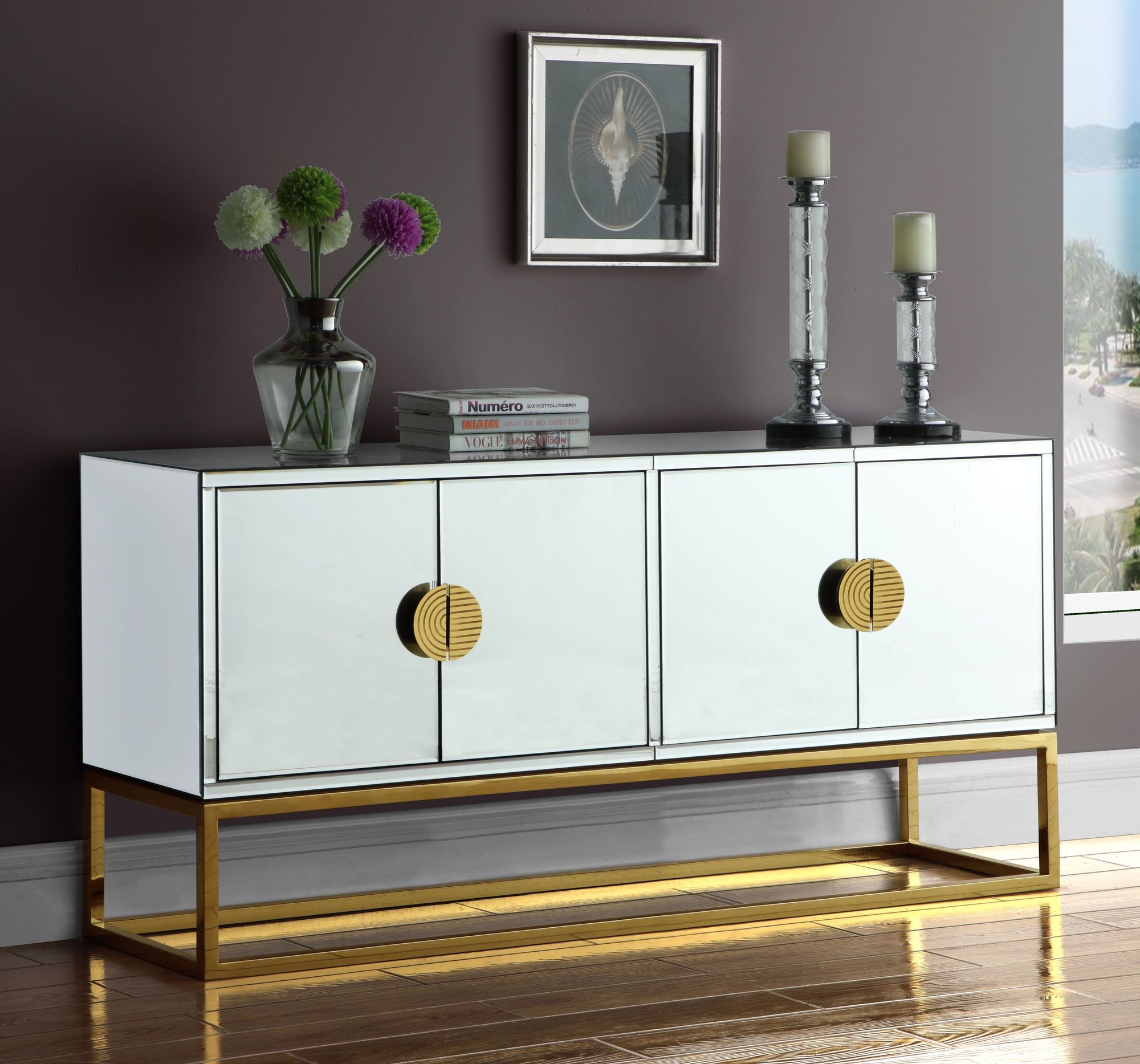 Marbella 4-Door Mirrored Sideboard with Stainless Steel Base & Handles